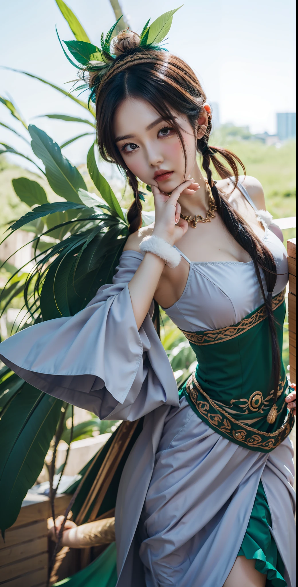 "4k, full body, two pigtails, cos, green feather headdress, royal sister, high cold, perfect portrait, perfect figure, a pair of beautiful legs, dress, tummy tummy, peacock, staring at the screen."