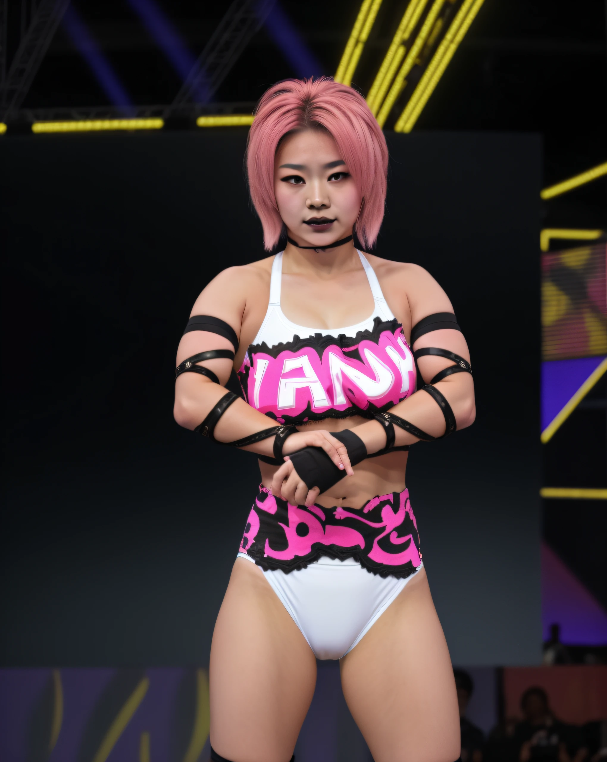 Japanese female wrestler in white black and pink bra, white black and pink trunks, black arm straps, pink eye shadow and black lipstick, short pink hair, photo realistic, intricate details
