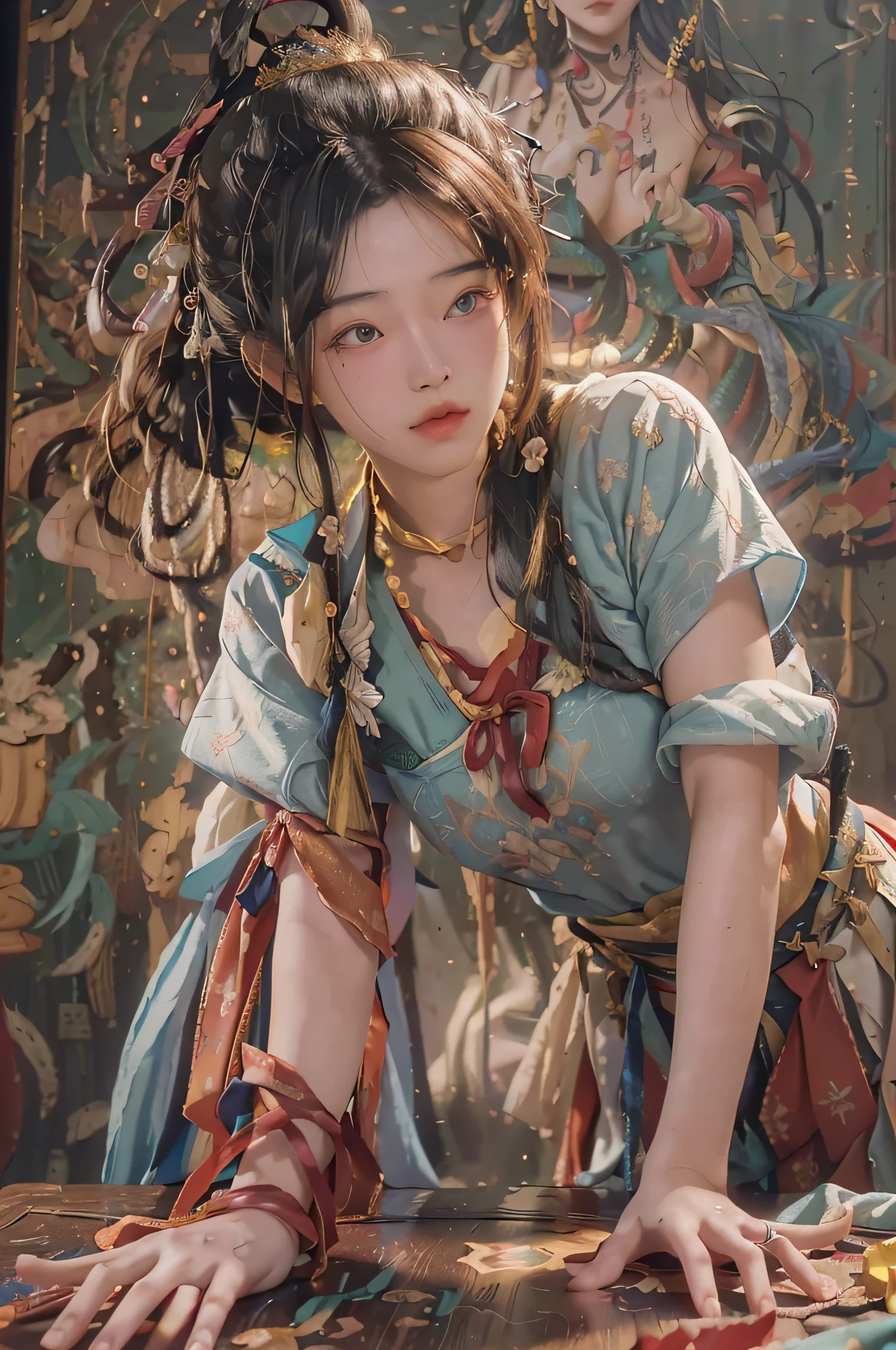 (RAW photo, best quality), (realistic, photo-realistic:1.3),best quality,highly detailed,masterpiece,ultra-detailed,illustration,1girl,upper_body,dynamic angle,world masterpiece theater,messy_long_hair,best quality,extremely detailed CG unity 8k wallpaper,ink,Amazing,cinematic lighting,lens_flare, dunhuang_style