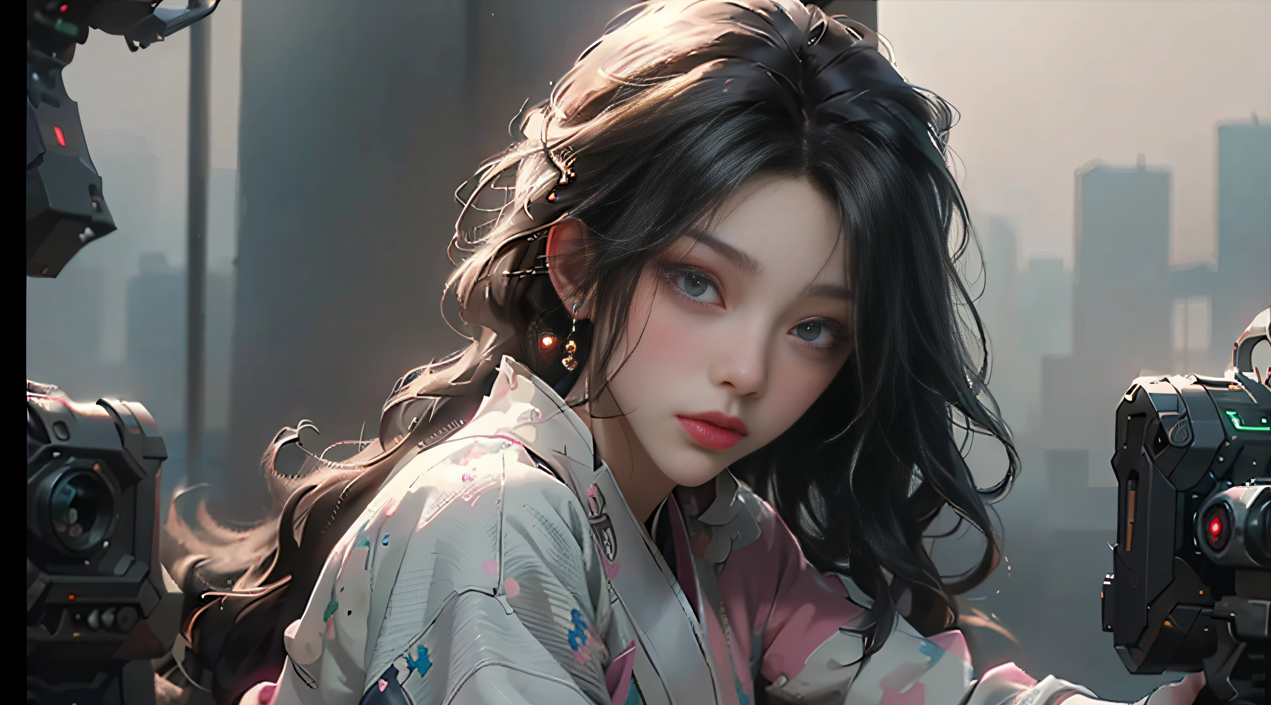 ((Best Quality)), ((Masterpiece)), (Detail: 1.4), 3D, Beautiful Cyberpunk Female Image, HDR (High Dynamic Range), Ray Tracing, NVIDIA RTX, Super Resolution, Unreal 5, Subsurface Scattering, PBR Texture, Post-Processing, Anisotropic Filtering, Depth of Field, Maximum Sharpness and Sharpness, Multi-layer Texture, Albedo and Highlight Mapping, Surface Coloring, Mitsu-Accurate Simulation of Material Interactions, Perfect Proportions, Octane Rendering, Two-color Light, Large Aperture, Low ISO, white balance, regular three-point, 8K RAW, beautiful bright pupils, flowing robe, fine pupils, delicate face and eyes, long eyelashes, blush, fluffy hair, pink lips, pure, cute