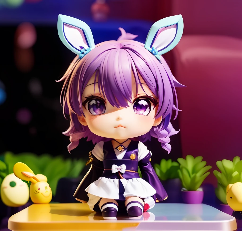 anime girl with purple hair and ears sitting on a table, original chibi bunny girl, chibi, anime chibi, anime stylized, rin, style as nendoroid, chibi anime, stylized anime, , kawaii chibi, advanced digital chibi art, anime style. 8k, anime styled 3d, kawaii, anime moe artstyle, fanart