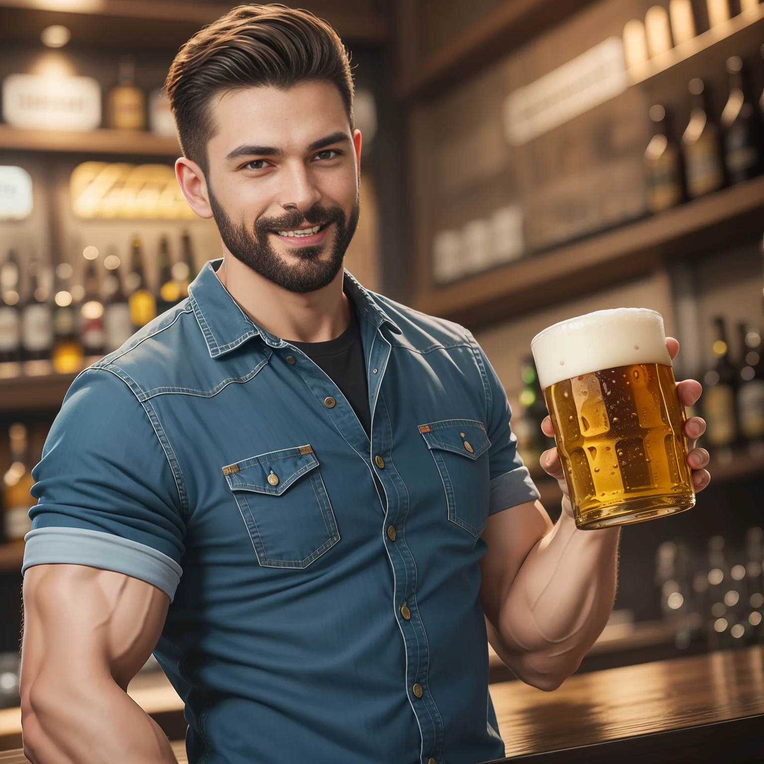A robust and charismatic Man Holding Holding Glass of beer, strong, muscular build, well-groomed beard and a confident smile, a mischievous glint eyes, His outfit could incorporate elements of beer culture such as a casual shirt and jeans or even a beer-themed t-shirt Colors like golden brown or amber could be used to represent the color of beer, Bar background,Masterpiece photo, Eye catching photo nikon d850 film stock photograph 4 kodak portrait 400 camera f1.6 lens rich colors hyper realistic lifelike texture dramatic lighting unreal engine trending on artstation cinestill 800,8k,cinematic,cinematic shot, Medium shot
