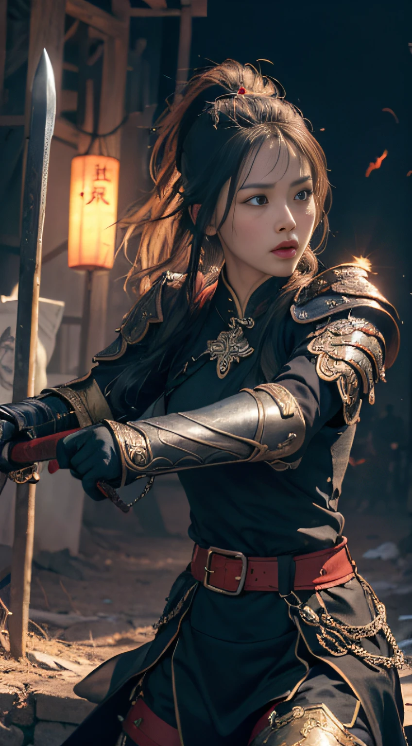 (Positive Focus), (In the Dark: 1), (Best Quality), (Realisticity: 1), Movie Poster, Realistic Skin Texture, Highly Detailed, 8k Wallpaper, Volume Lighting, Dynamic Lighting, A Girl, Long Black Hair, Ponytail, Black Metal Armor, Red Belt, Black Armor, Shoulder Armor, Waist Guard, Hand Guard, Veil, Holding a Long Sword in front of Body, Ancient Chinese Style, Short Sword at the Waist Attacking Posture, Lots of Blood, Damaged Clothes, Ancient Chinese Battlefield, A Group of Ancient Soldiers Chasing and Killing, Arrows Flying, War, night, dramatic composition, sword qi surrounding, rich picture detail, war, movie lighting,