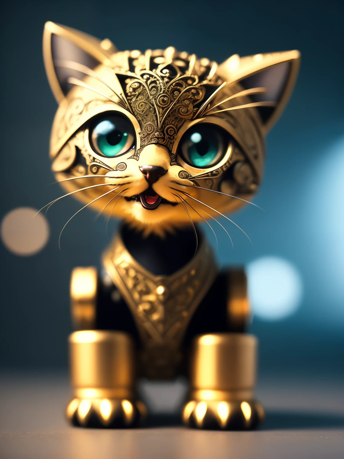 A cute kitten made of metal, robot, cyberpunk style, ((intricate details)), hdr, ((intricate details, super detailed)), cinematic footage, vignette