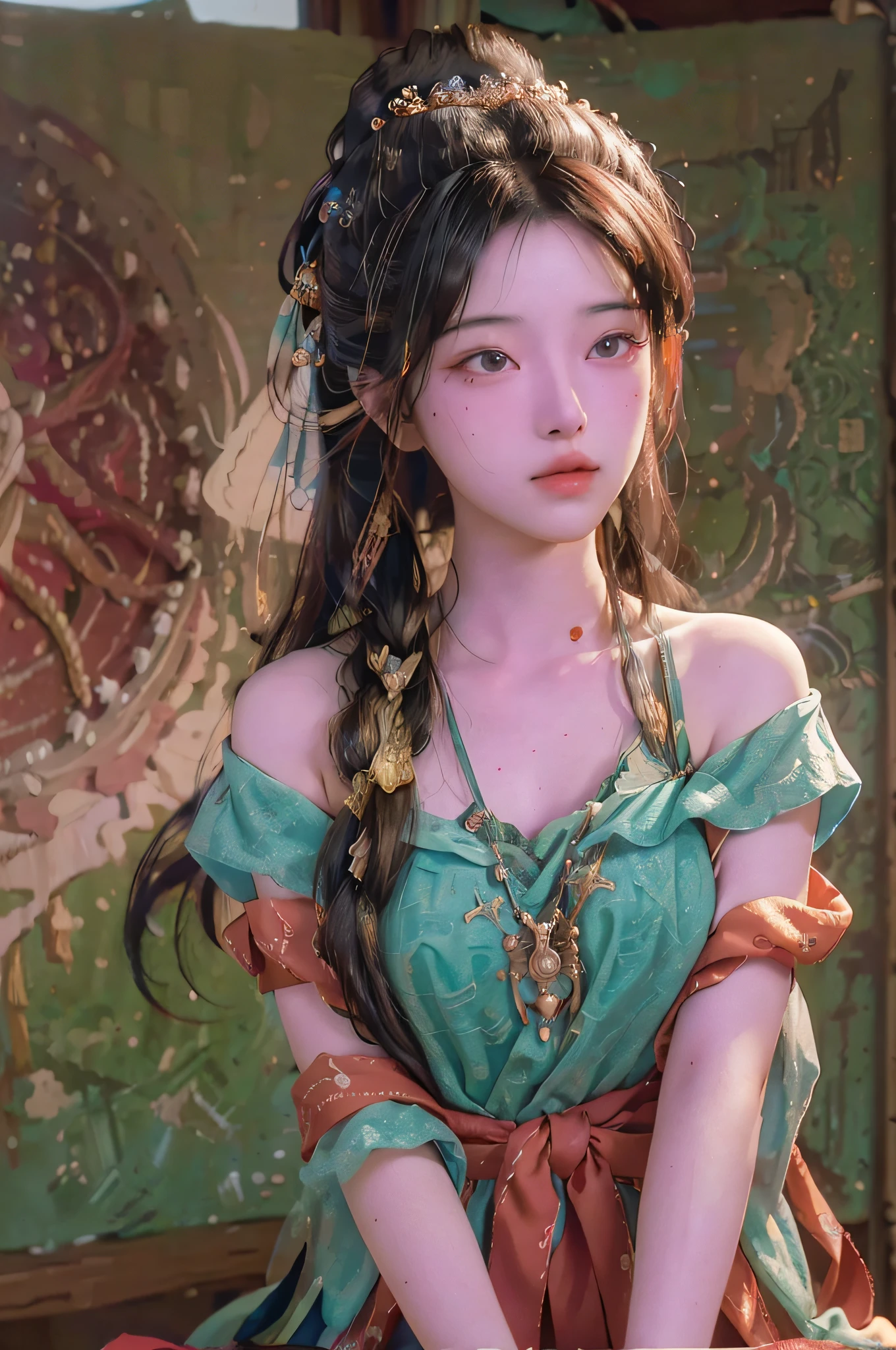 (RAW photo, best quality), (realistic, photo-realistic:1.3),best quality,highly detailed,masterpiece,ultra-detailed,illustration,1girl,upper_body,dynamic angle,world masterpiece theater,messy_long_hair,best quality,extremely detailed CG unity 8k wallpaper,ink,Amazing,cinematic lighting,lens_flare, dunhuang_style