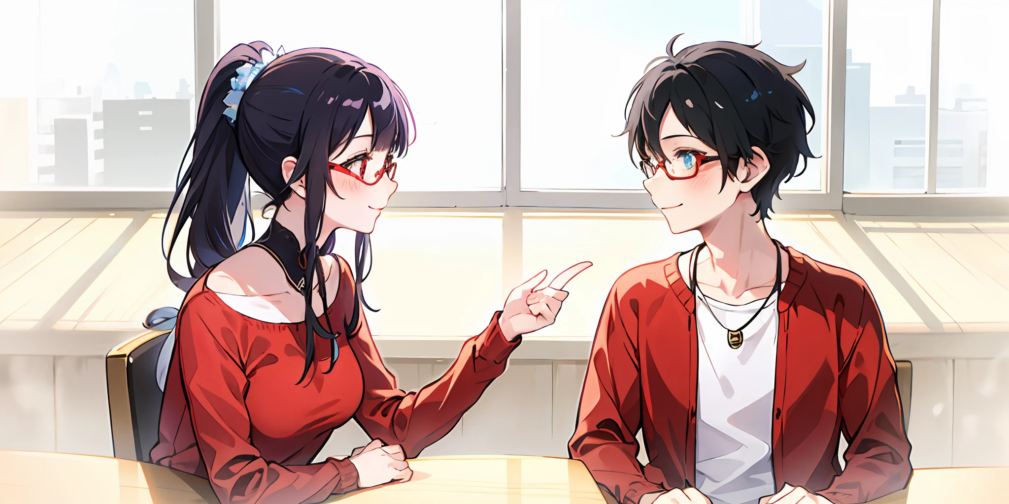 A couple, girls on the left, boys on the right, upper body, avatar, smile, blush, eye contact, red sweater, indoor, daytime, sunlight, simple background, blue sky, black hair, girls ponytail hairstyle, boys short hair, boy black frame glasses, moderate lighting, side face, anime style