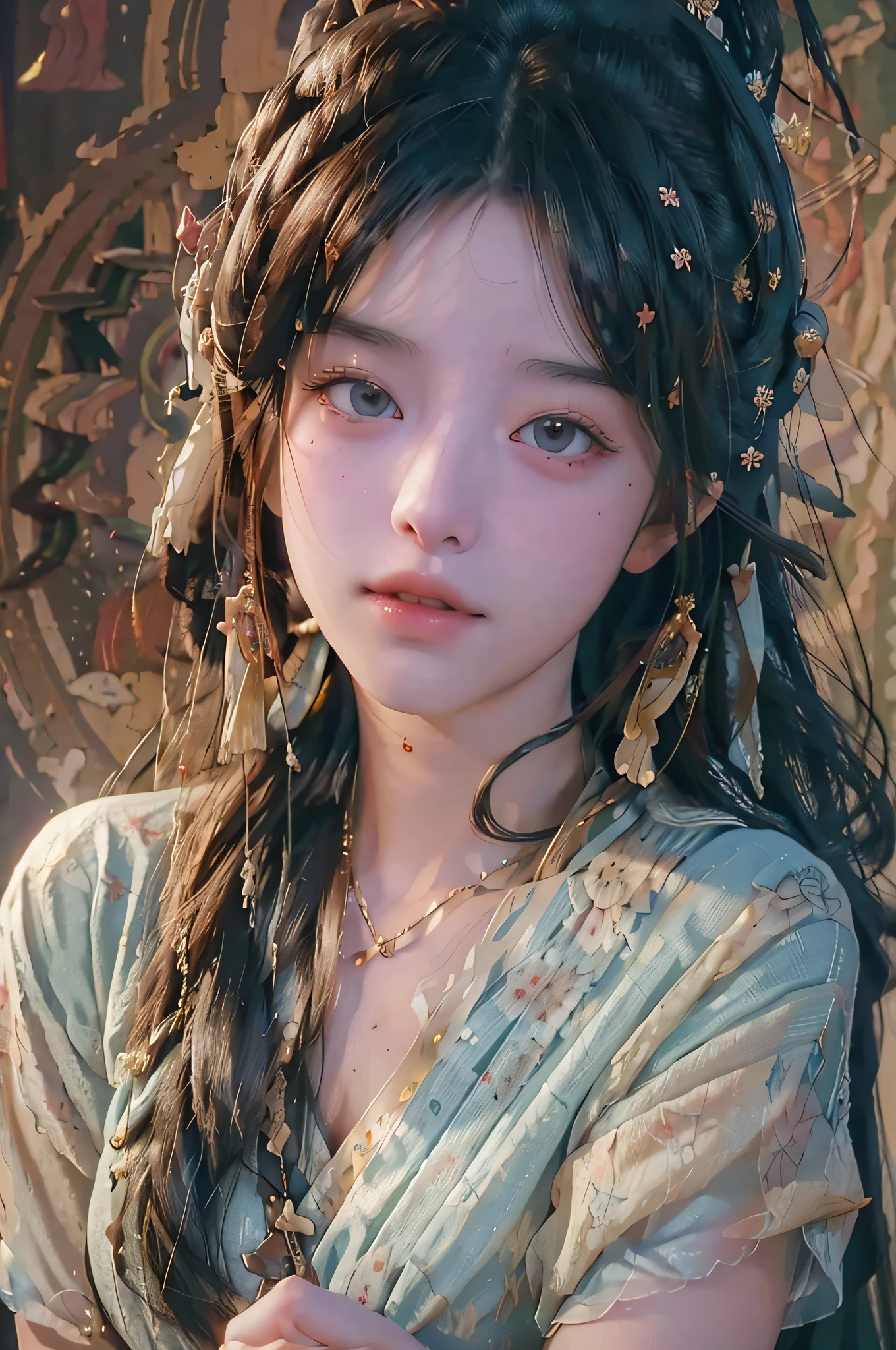 (RAW photo, best quality), (realistic, photo-realistic:1.3),best quality,highly detailed,masterpiece,ultra-detailed,illustration,1girl,upper_body,dynamic angle,world masterpiece theater,messy_long_hair,best quality,extremely detailed CG unity 8k wallpaper,ink,Amazing,cinematic lighting,lens_flare, dunhuang_style