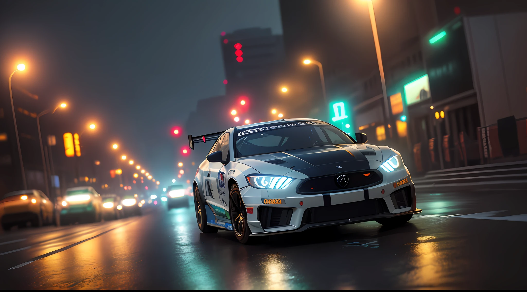 A racing car stops on a city street at midnight, the city reflection shimmers neon on the wet ground, and this beautifully rendered award-winning photo becomes a masterpiece in the cyberpunk atmosphere of the night. 4k, chiaroscuro, (realism), (realism), HDR (high dynamic range), ray tracing, nvidia RTX, super resolution, Unreal 5, subsurface scattering, PBR textures, post-processing, anisotropic filtering, depth of field, maximum sharpness and sharpness, multi-layer textures, albedo and highlight maps, surface shading, accurate simulation of light-material interactions, perfect proportions, octane rendering, duotone lighting, low iso, white balance, rule of thirds, wide aperture, 8K RAW, high-efficiency sub-pixel, sub-pixel convolution, luminescent particles,