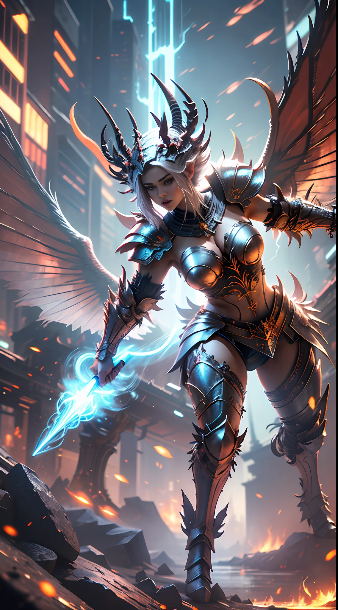Cinematic effects, black and red demon armor, strong luster of armor, murderous armor style, with devil ornaments, exaggerated devil horns, spikes, and its complex armor, exaggerated huge devil wings, visual impact, holding a square halberd, battle posture display, motion photography, distant Athena statue, perfect details, 8K, top painting, scene magic, outdoor photography, concept art, epic composition, with HD details, metallic texture and tension composition, hyper-realistic, ultra-realistic, rich in detail, 3D. C4D,