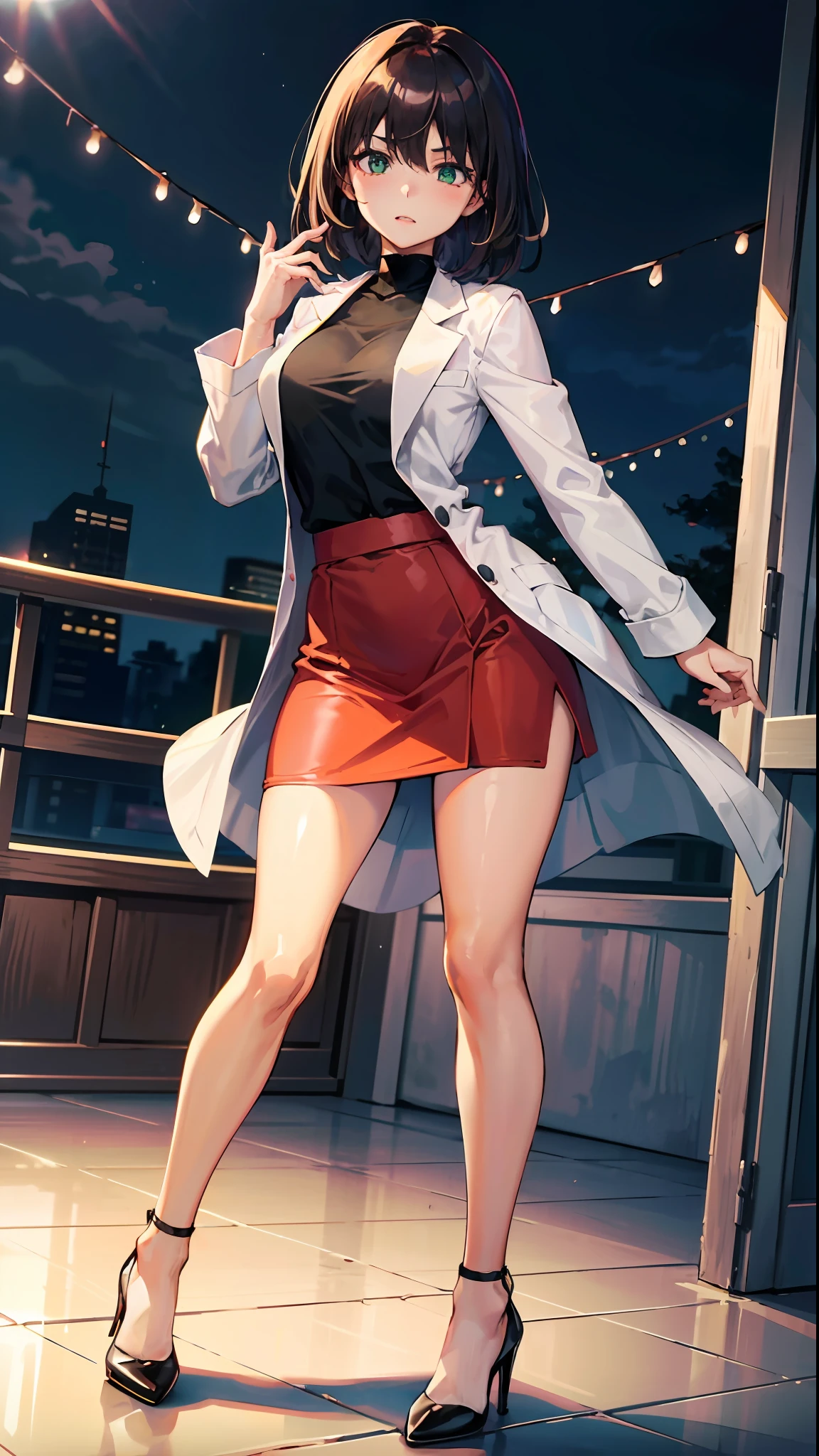 Waifu, masterpiece, breasts, laboratory, 1girl, brown hair, black turtle neck, white lab coat with long sleeves, green eyes, clenched hands, night, sky, skirt, red pencil skirt, knee-length skirt, tight skirt, high heels, black high heels, clenched hand, rating:questionable, short hair, solo, official illustration, illustration, detailed face, beautiful intricate eyes