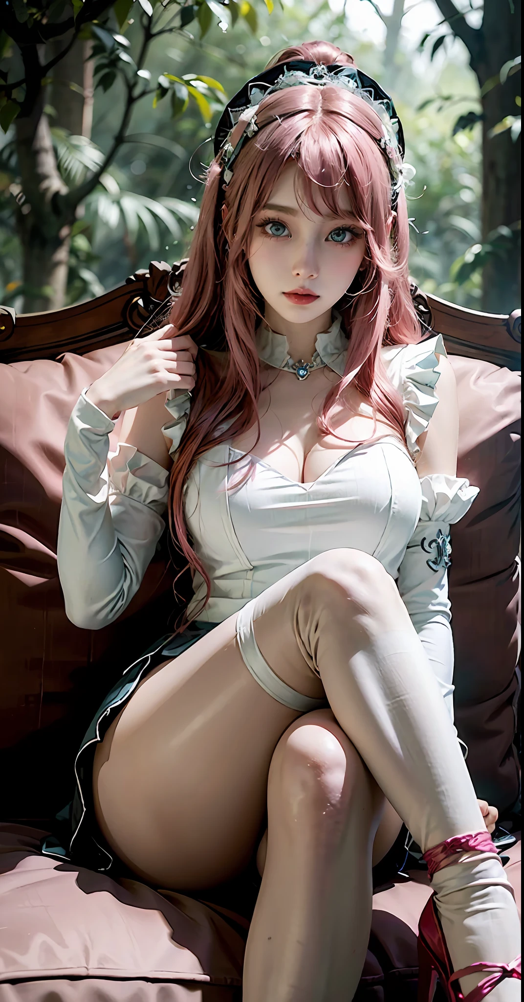 Alabi sitting on sofa, anime Barbie doll with pink hair and white dress, black stockings, elegant and charming cosplay, anime girl cosplay, gorgeous cosplay, cute lazy princess, beauty Delfin, royal elegant pose, cosplay photo, anime goddess, thighs and skirt, sexy maid in the enchanted forest, cute anime waifu wearing beautiful skirt