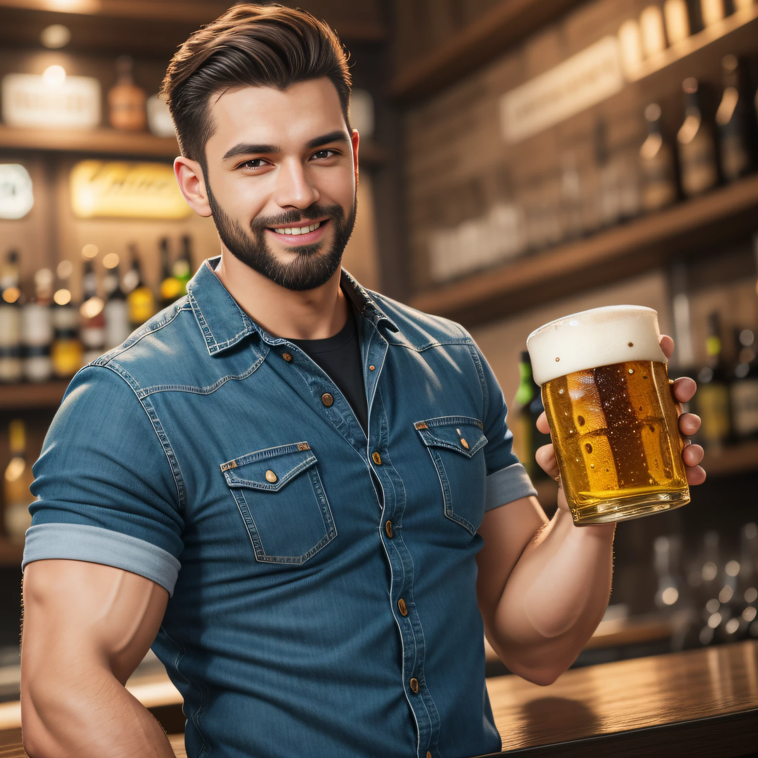 A robust and charismatic Man Holding Holding Glass of beer, strong, muscular build, well-groomed beard and a confident smile, a mischievous glint eyes, His outfit could incorporate elements of beer culture such as a casual shirt and jeans or even a beer-themed t-shirt Colors like golden brown or amber could be used to represent the color of beer, Bar background,Masterpiece photo, Eye catching photo nikon d850 film stock photograph 4 kodak portrait 400 camera f1.6 lens rich colors hyper realistic lifelike texture dramatic lighting unreal engine trending on artstation cinestill 800,8k,cinematic,cinematic shot, Medium shot