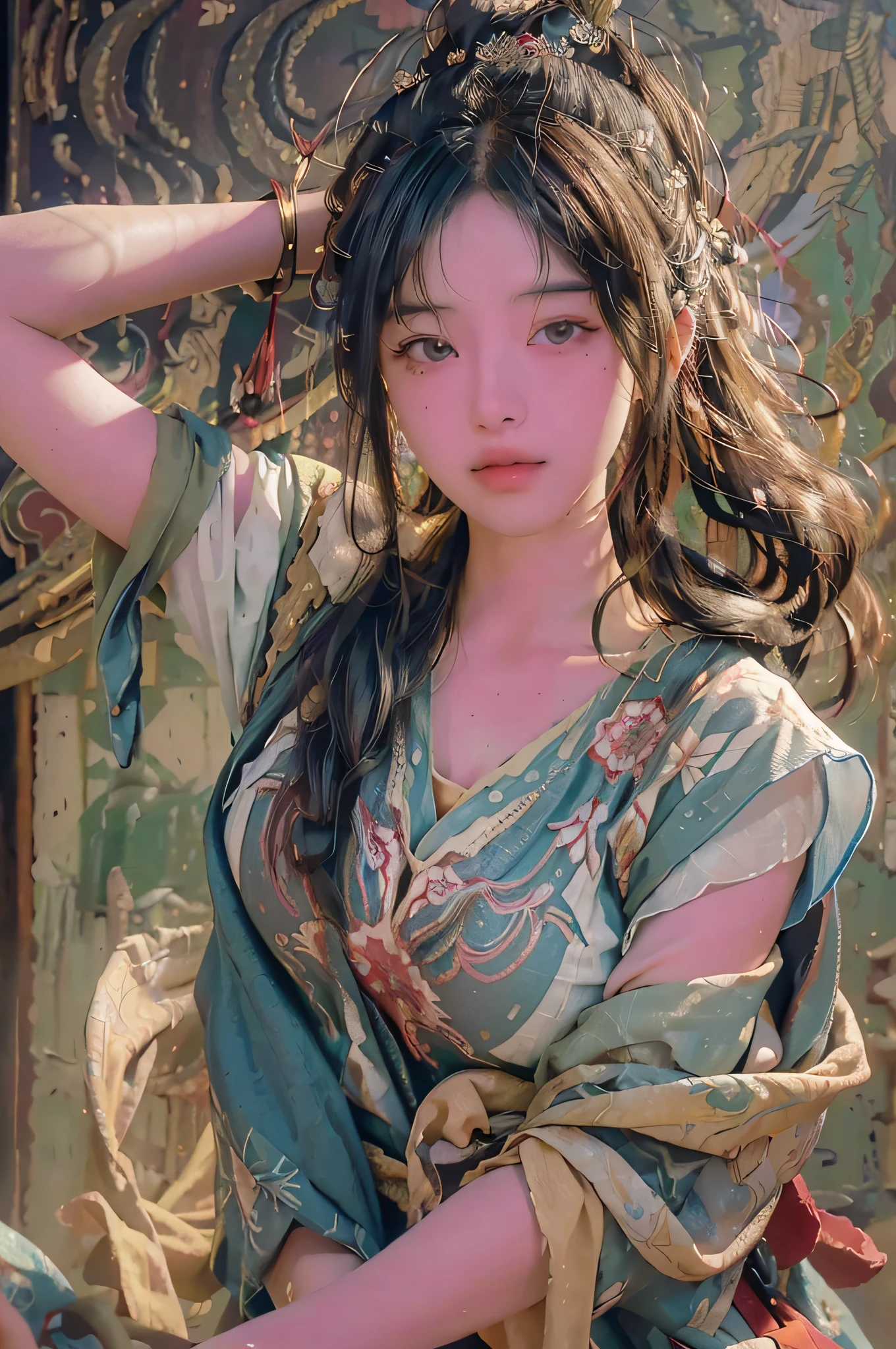 (RAW photo, best quality), (realistic, photo-realistic:1.3),best quality,highly detailed,masterpiece,ultra-detailed,illustration,1girl,upper_body,dynamic angle,world masterpiece theater,messy_long_hair,best quality,extremely detailed CG unity 8k wallpaper,ink,Amazing,cinematic lighting,lens_flare, dunhuang_style