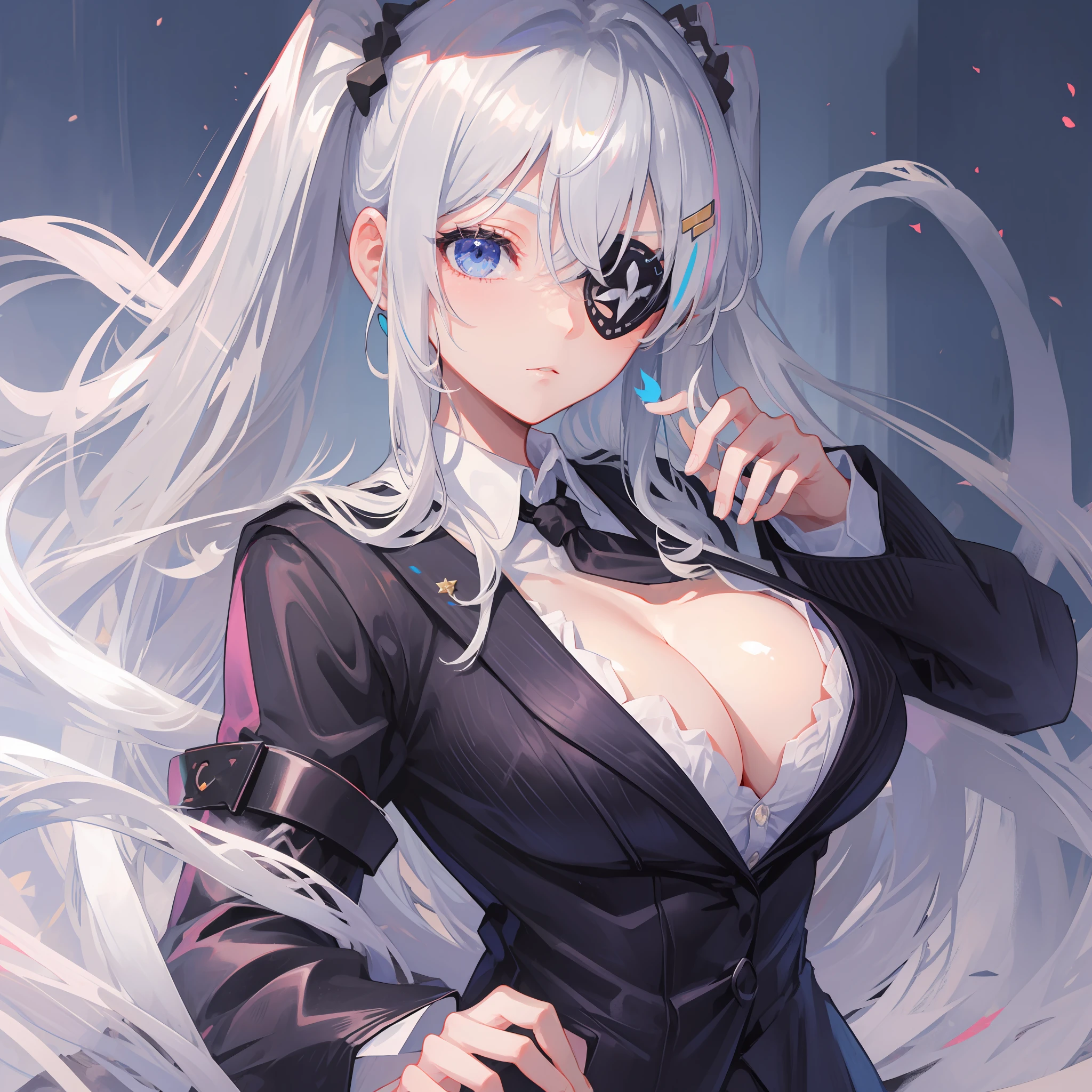 Silver hair, blue eyes, twin tails, eye patch over left eye, very large breasts, black suit, tie, kime pose