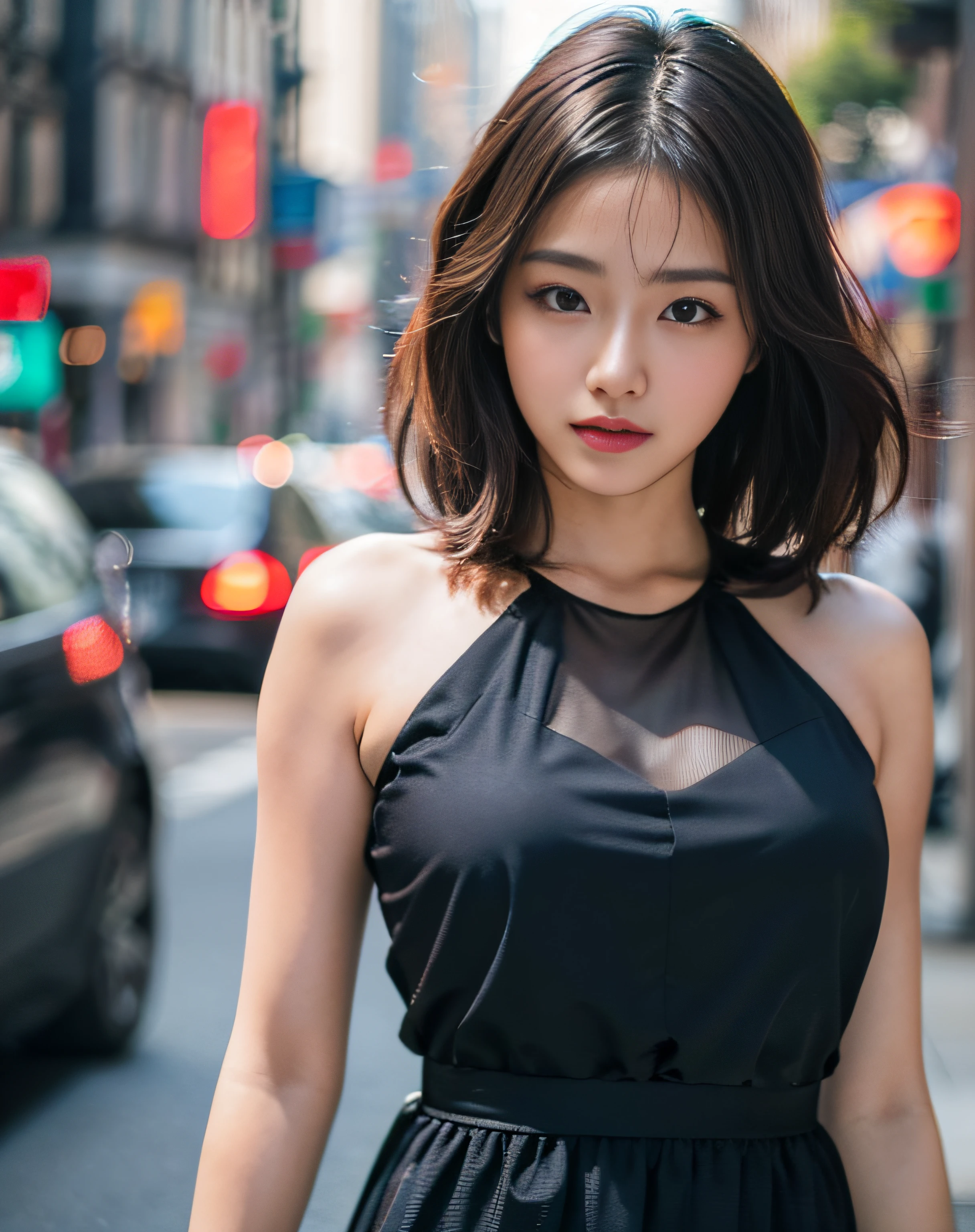 Woman posing seductive on street corner, top quality, high resolution, 8k, girl alone, outdoor, (street: 0.8), (people, crowd: 1), sleeveless dress, black dress: 1.5), gorgeous, (medium hair), (dynamic pose: 0.8), (upper body: 1.2), soft lighting, wind, glossy skin, gaze,