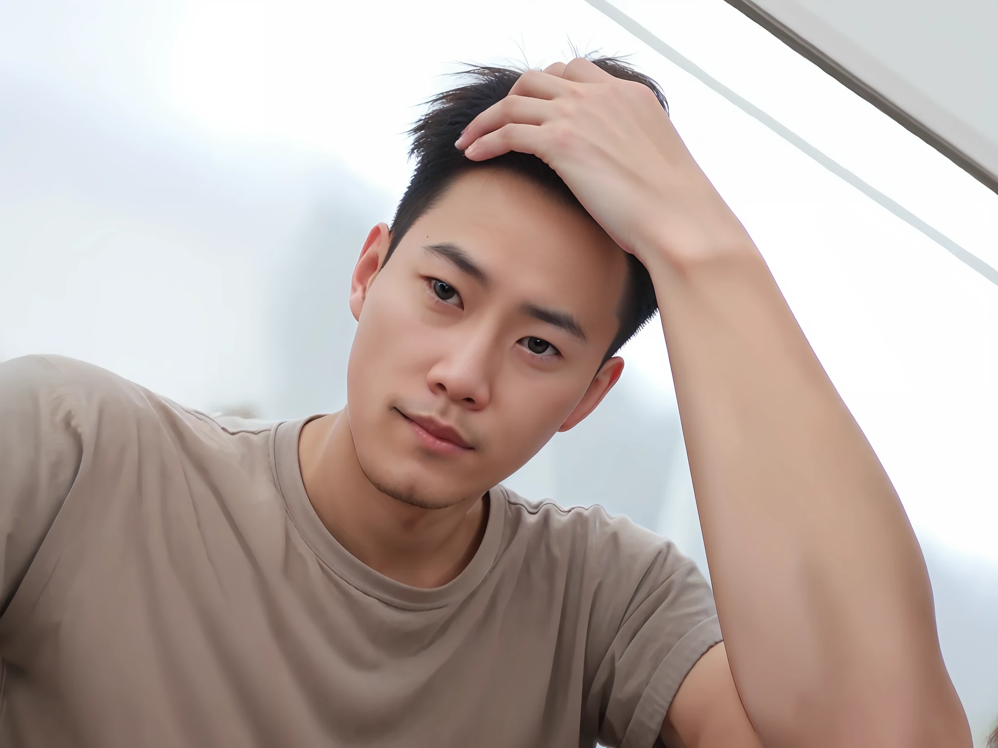 there is a man that is looking at his hair in the mirror, showing forehead, short hair on top of his head, young cute wan asian face, handsome chad chin, caring fatherly wide forehead, asian male, forehead only, south korean male, high forehead, wide forehead, ruan cute vtuber, inspired by Ding Yunpeng, large forehead