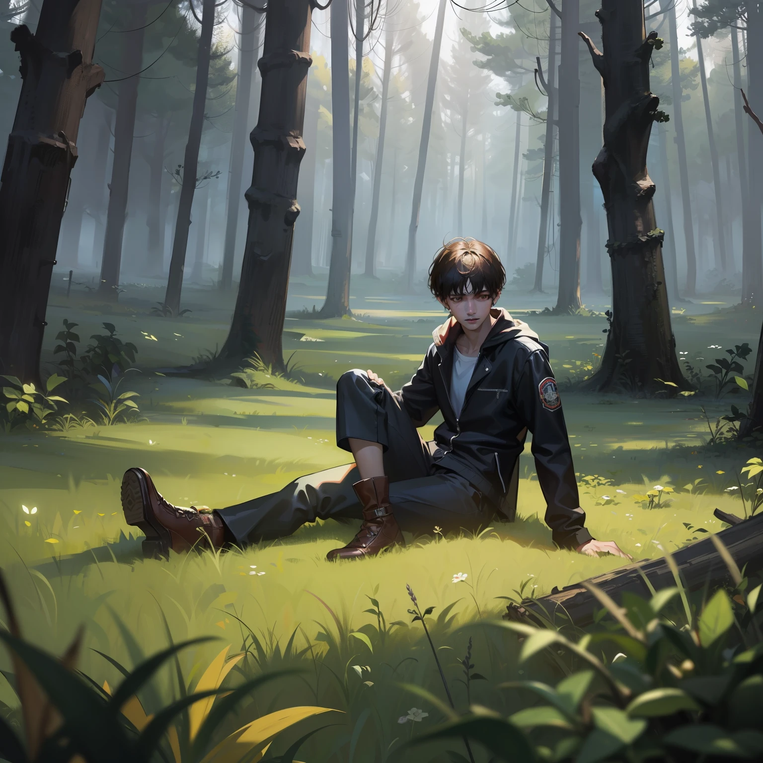Masterpiece, a boy, (20 years old, short hair, gritty, handsome, tall)) in a dark forest, slowly waking up, lying in a desolate place, the sun hanging high in the sky, (desolate), (eerie), (horror), 8k, HD, high saturation, ultra-realistic, high resolution