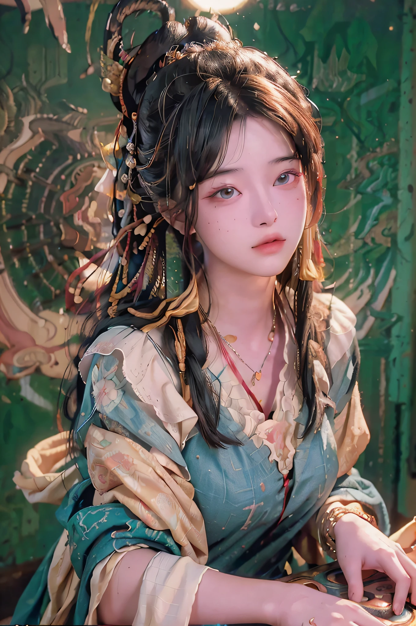 (RAW photo, best quality), (realistic, photo-realistic:1.3),best quality,highly detailed,masterpiece,ultra-detailed,illustration,1girl,upper_body,dynamic angle,world masterpiece theater,messy_long_hair,best quality,extremely detailed CG unity 8k wallpaper,ink,Amazing,cinematic lighting,lens_flare, dunhuang_style