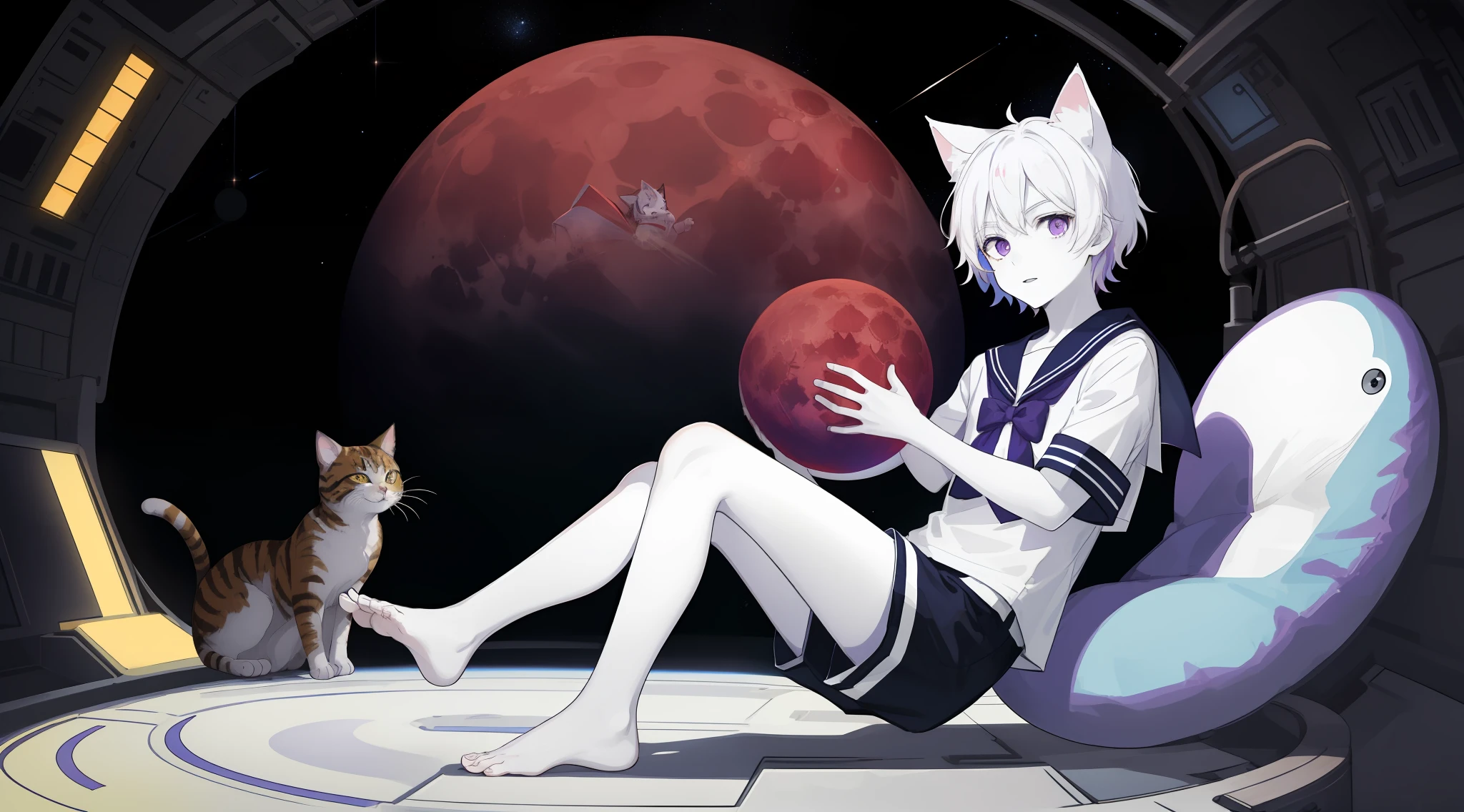 ((Pale Skin)), (), (Red Moon), (Short Hair), (Purple Eyes), (White Hair), (Blue and White Striped Sailor Suit), (Blue and White Striped Shorts), (Barefoot), (Happy), (Cat Ear Tail), (Handsome), (Lying on the Moon), (Zombie), (Space Station Background)