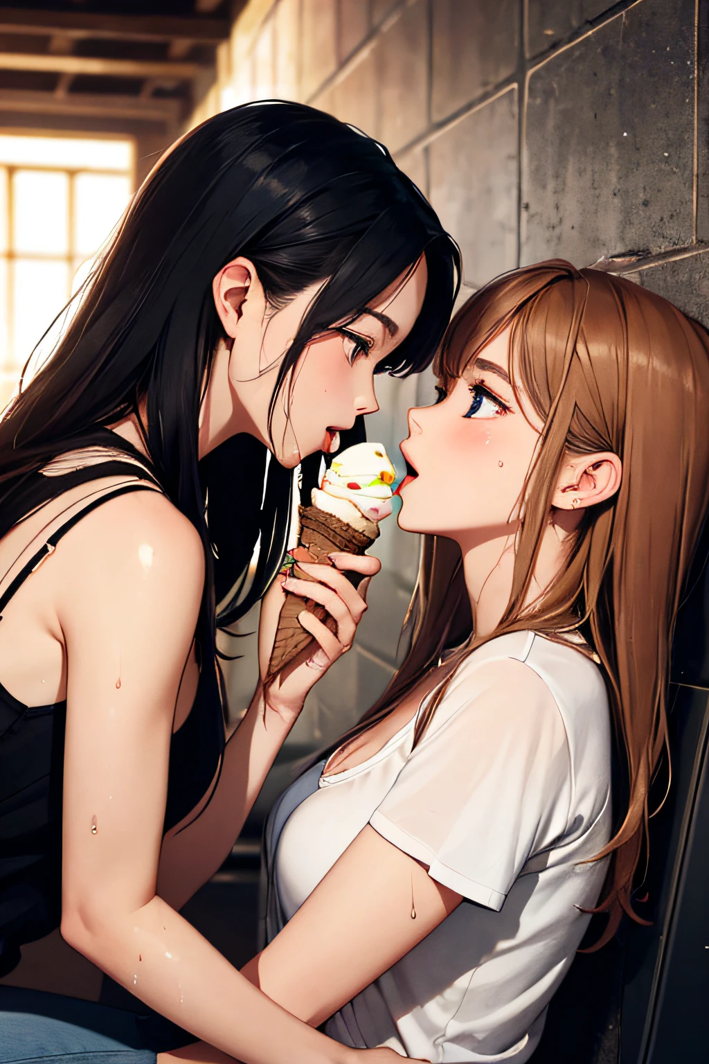 (2girls),((Yuri))),((Eye contact))),(Looking at each other),Eating ice cream,Sticking out your tongue,Sitting,(Best Quality), ((Masterpiece)), (Hi-Res), Castle,Perfect mature female body, Slim thin body,Original, Medium breasts,Highly detailed 8K wallpaper, sweat,Wet hair,(Very delicate and beautiful),Contour deepening, Photorealistic, precise geometry, intricate details, eating one ice cream