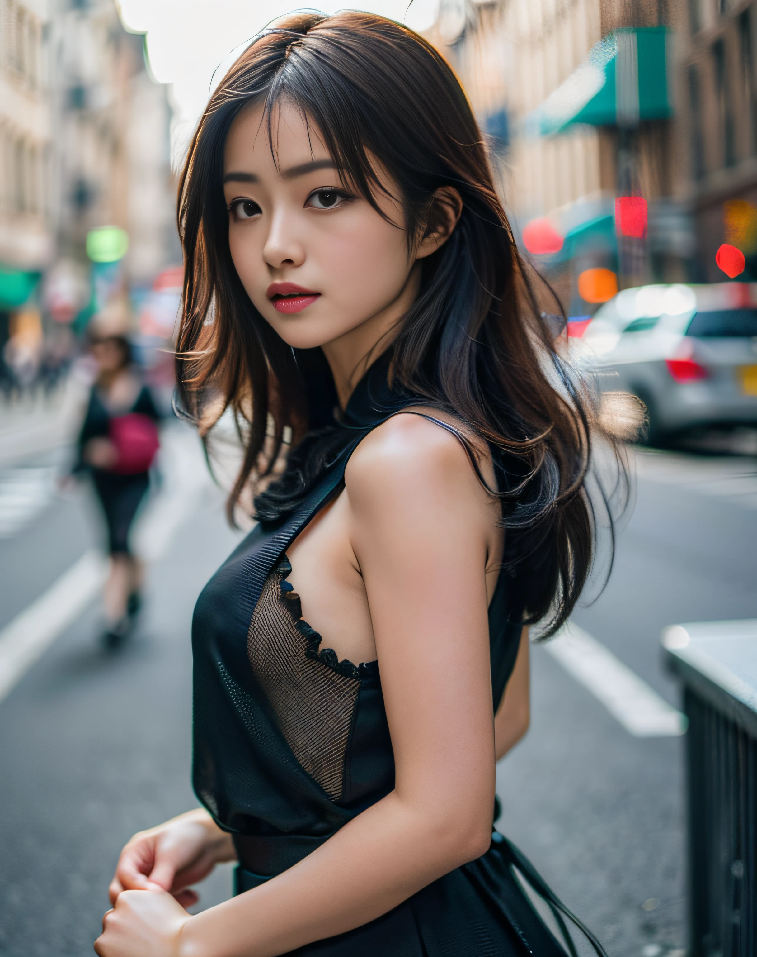 Woman posing seductive on street corner, top quality, high resolution, 8k, girl alone, outdoor, (street: 0.8), (people, crowd: 1), sleeveless dress, black dress: 1.5), gorgeous, (medium hair), (dynamic pose: 0.8), (upper body: 1.2), soft lighting, wind, glossy skin, gaze,
