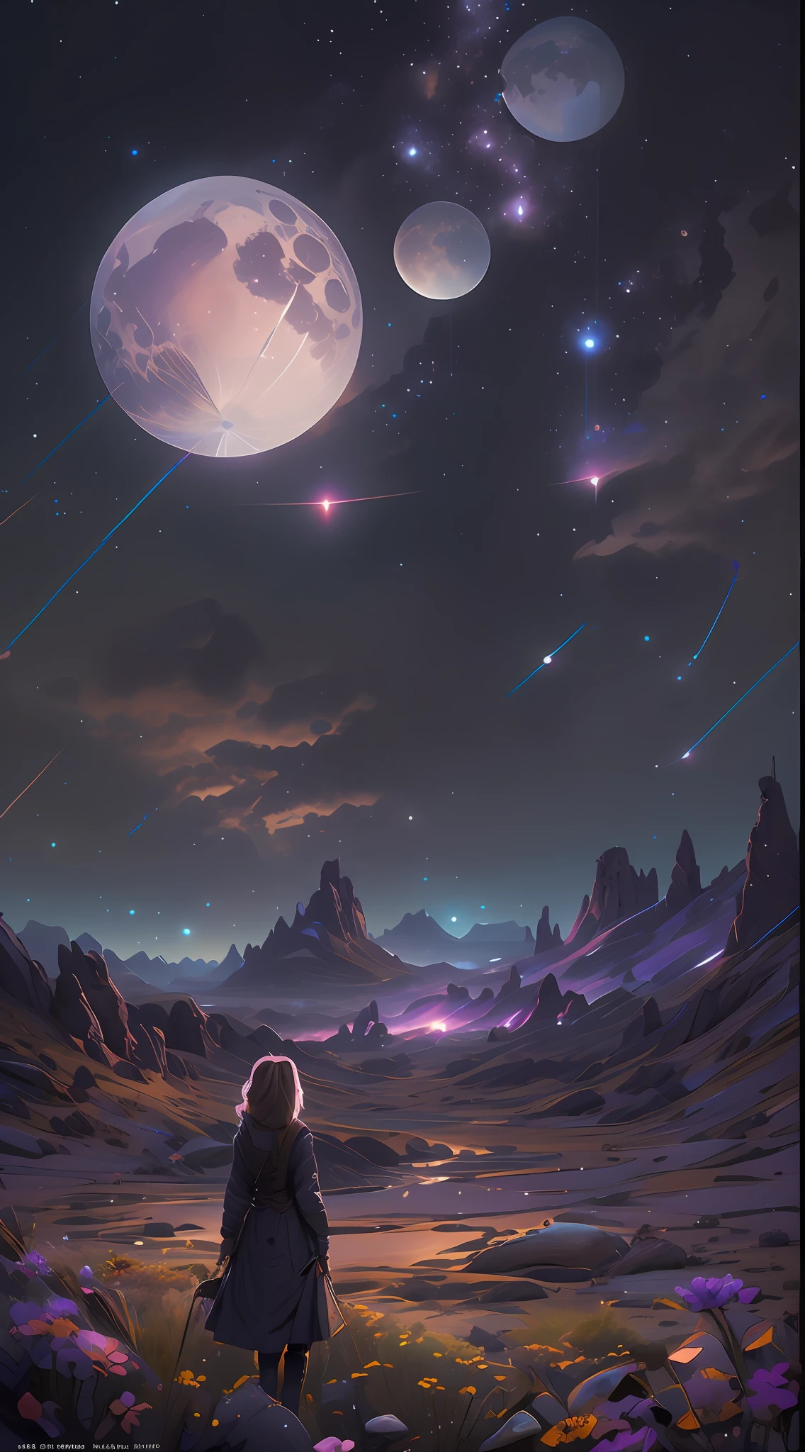 anime scene of a man and woman looking at the stars, background artwork, 4k highly detailed digital art, space landscape, galactic landscape, endless cosmos in the background, calm night. digital illustration, across an alien landscape, 8k stunning artwork, 4k detailed digital art, epic fantasy sci fi illustration, amazing wallpaper, space art concept, on another planet, cosmic landscape
