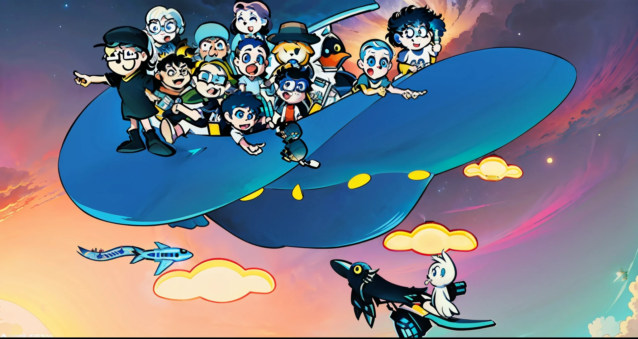 cartoon of a group of people flying in a beach hat in the sky at sunset, detailed sky, high quality official art, detailed, pixiv contest winner, video game art, inspired by Winsor McCay, added detail, chibi, concept art, themed spaceship, very crowded, discworld theme, cinematic lighting, shaders