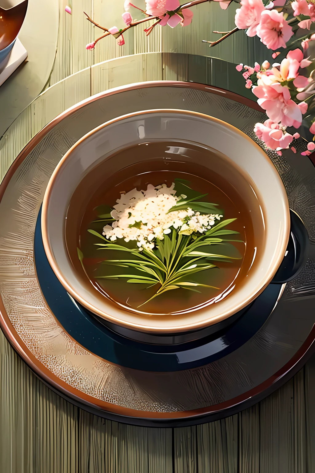there is a tea pot and a cup of tea on a table, is ((drinking a cup of tea)), traditional chinese, chinese text, by Ma Yuanyu, style of guo hua, inspired by Cui Bai, by Cheng Jiasui, inspired by Cheng Shifa, tea ceremony scene, chinese style