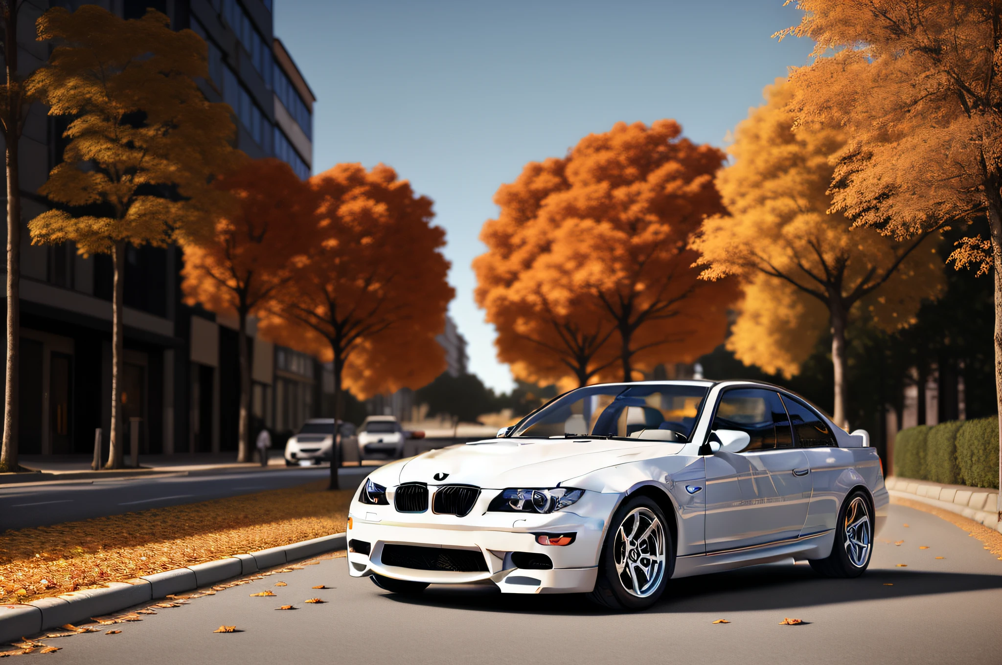 (BMW M3), white, car parked on a street covered with leaves in autumn in a (city:1.3), fall, global illumination, volumetric lighting, best quality, highly detailed, cgi, illustration, octane render,