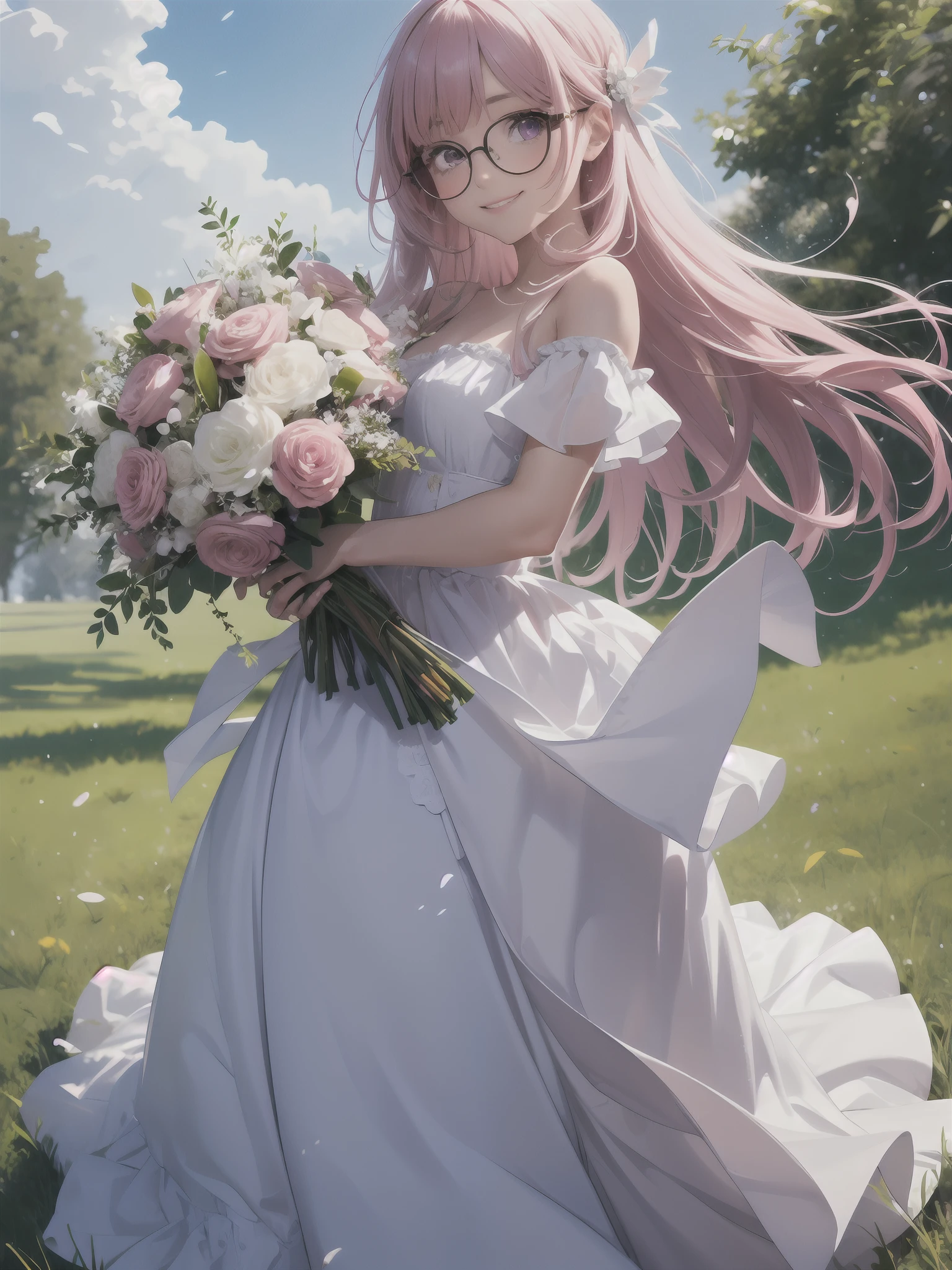 girl, pink hair, long hair, purple eyes, round glasses, beautiful eyes, smiling, happy, white dress, bouquet, posing, full body, on grass, blue sky