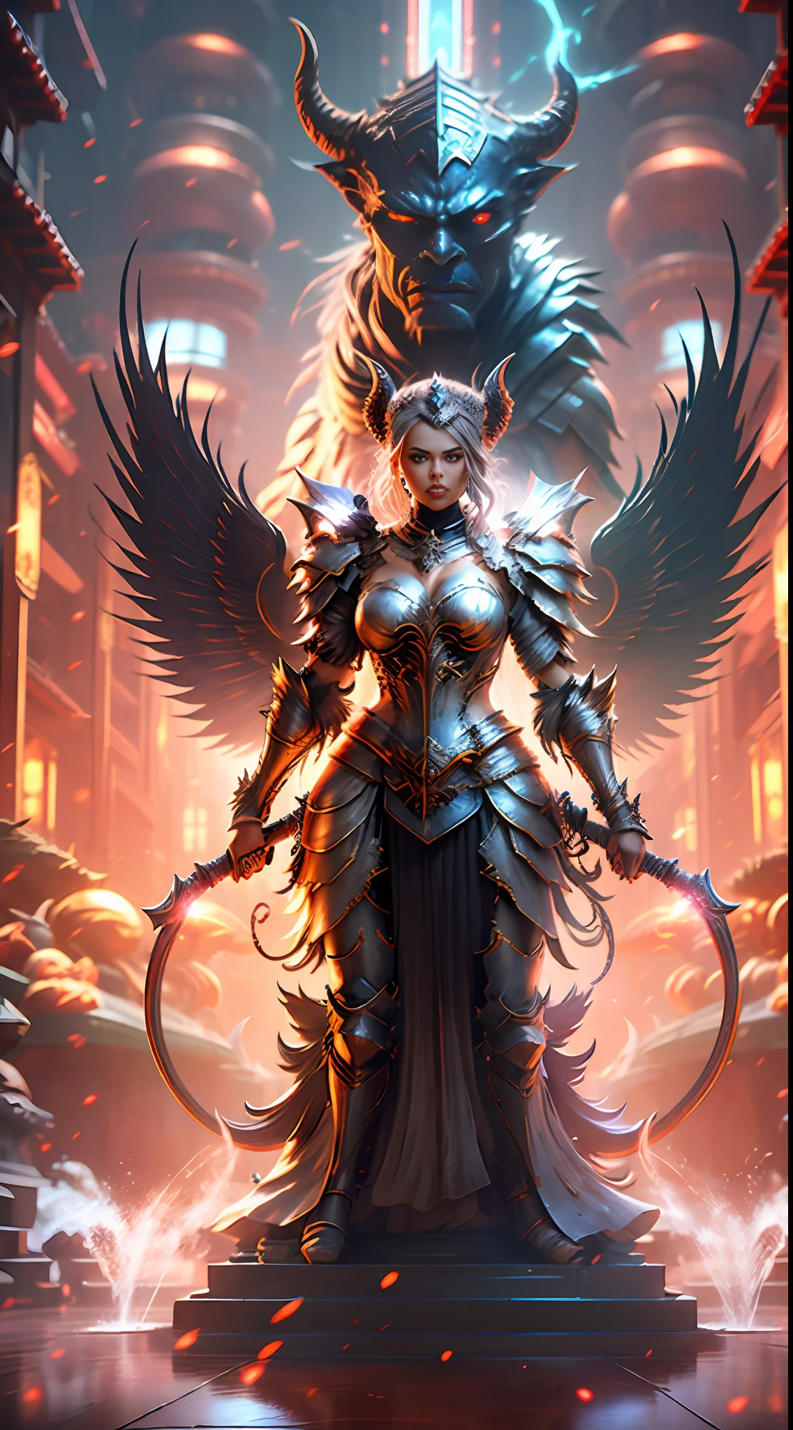 Cinematic effects, black and red demon armor, strong luster of armor, murderous armor style, with devil ornaments, exaggerated devil horns, spikes, and its complex armor, exaggerated huge devil wings, visual impact, holding a square halberd, battle posture display, motion photography, distant Athena statue, perfect details, 8K, top painting, scene magic, outdoor photography, concept art, epic composition, with HD details, metallic texture and tension composition, hyper-realistic, ultra-realistic, rich in detail, 3D. C4D,