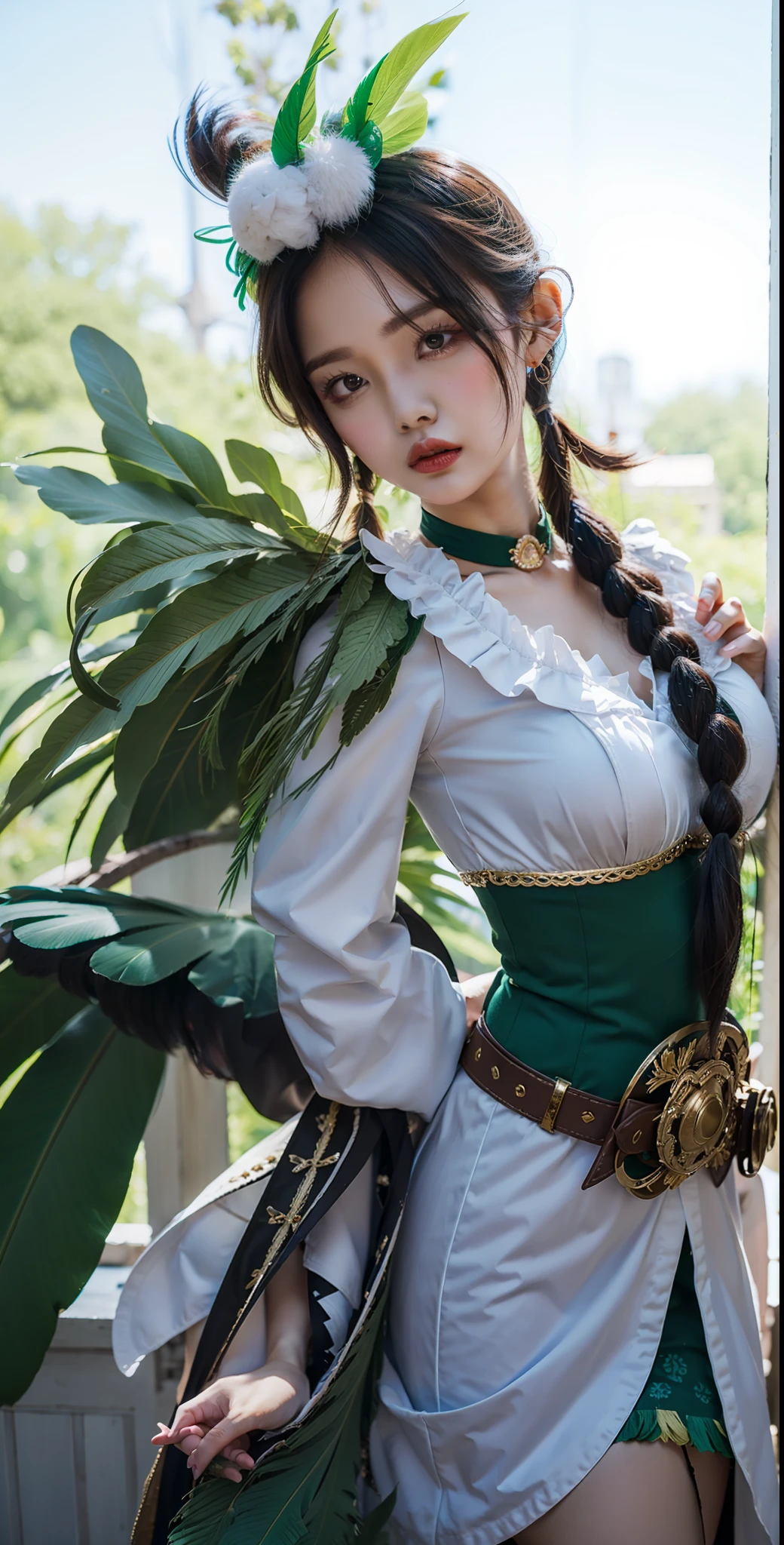 "4k, full body, two pigtails, cos, green feather headdress, royal sister, high cold, perfect portrait, perfect figure, beautiful legs, dress, standing, staring at the screen."