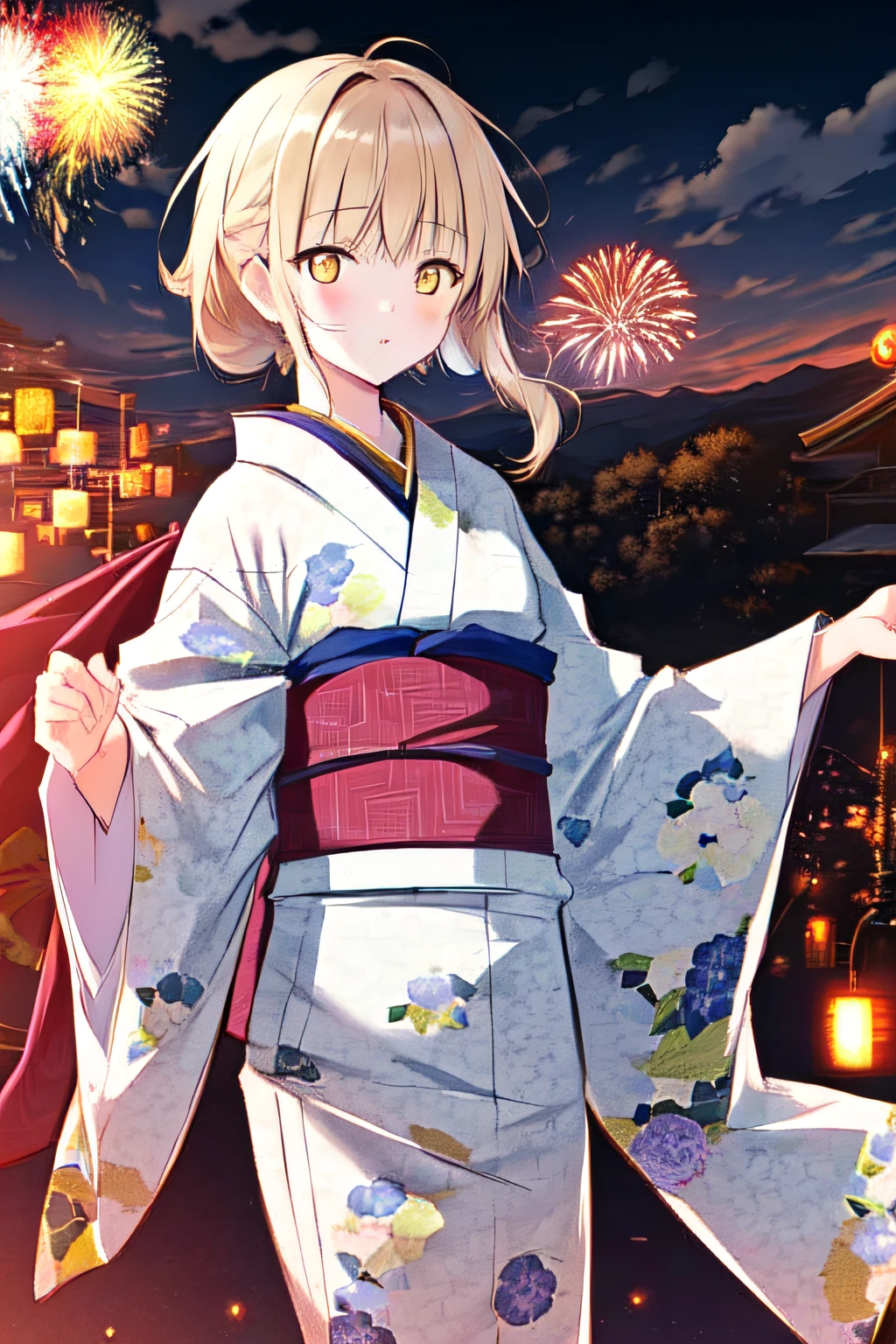 masterpiece, extremely detailed CG unity 8k wallpaper, (illustration), ((painting)), best quality, bloom, dynamic angle, 1girl, solo, shiina mahiru, yellow eyes, glowing eyes, blonde hair, (kimono), japanese_clothes, fireworks, night, floral_print, (randomly distributed clouds),