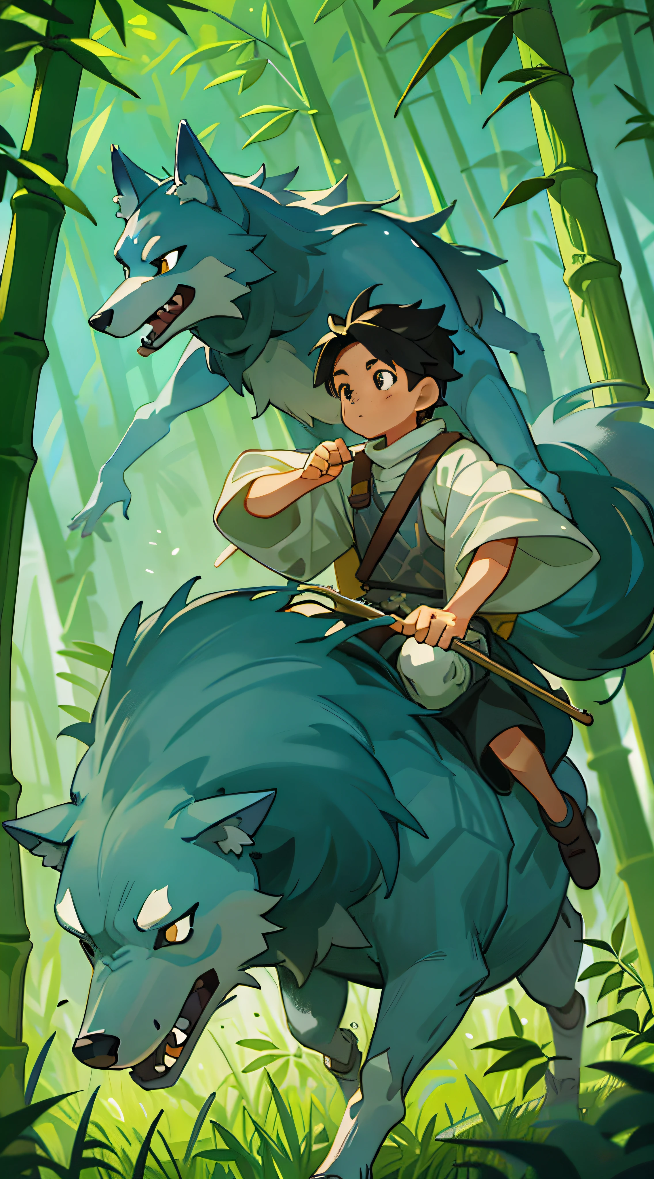 Steppe, a boy riding on the back of a wolf, knight, night, bamboo forest, meadow