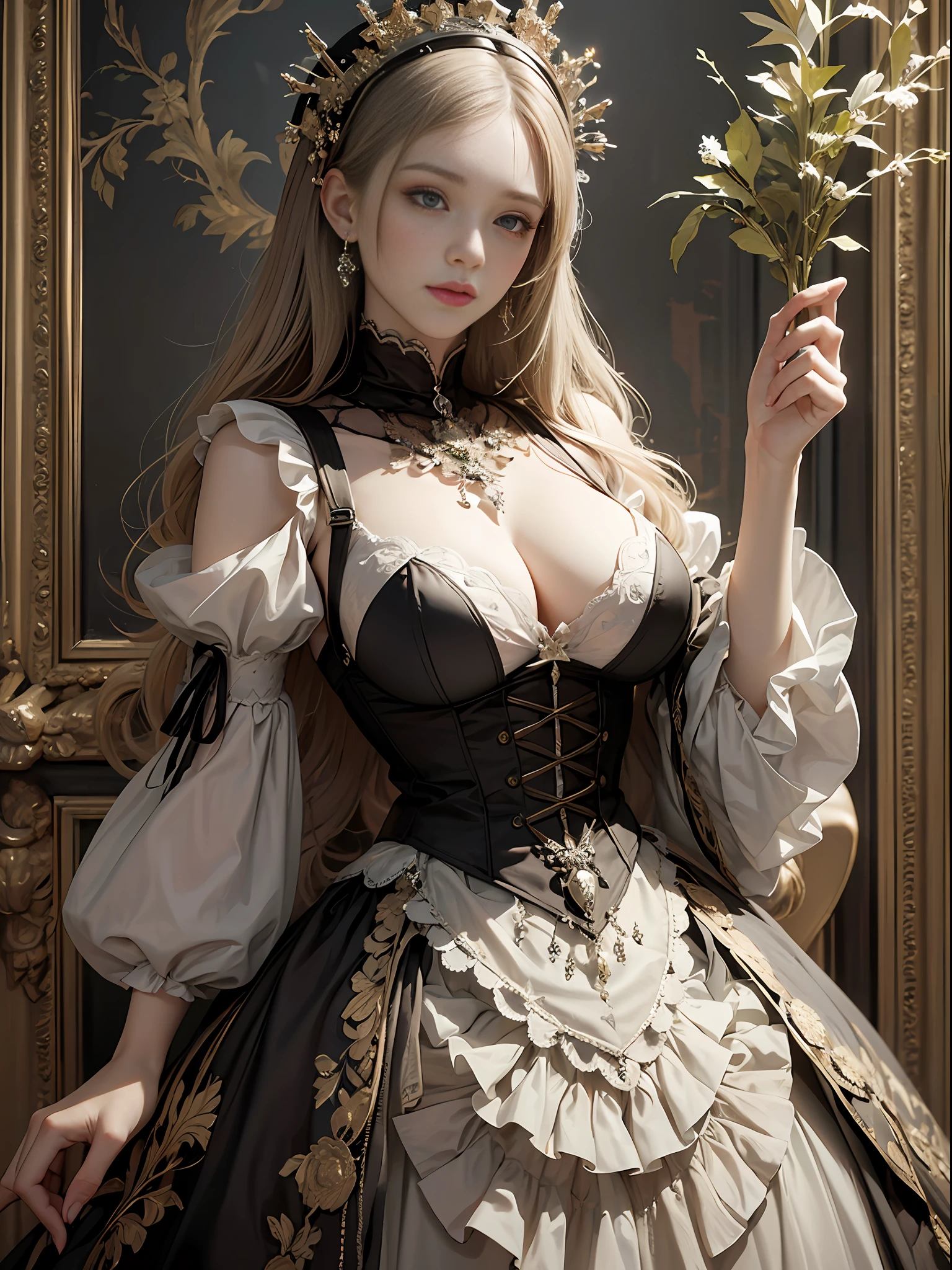 (Pure Color: 0.9), (Color: 1.1), (Masterpiece: 1,2), Top Quality, Masterpiece, High Resolution, Original, Highly Detailed Wallpaper, Beauty, Victorian, Dress, Melancholy, Big Breasts, Sepia Color, 40 years old --auto --s2