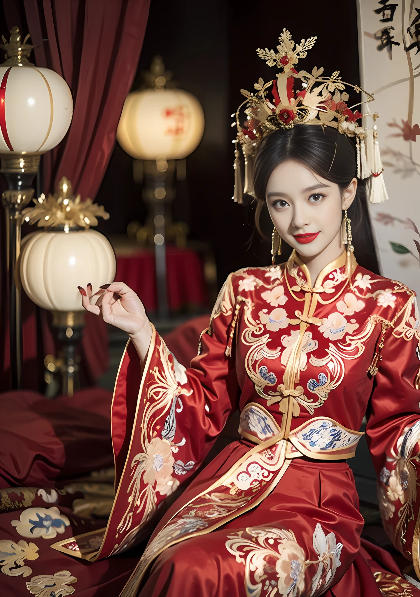 (Ultra-realistic 8k CG: 1.2), perfect artwork, delicate patterns, intricate details, (unparalleled masterpiece, best quality: 1.2), (extremely complex: 1.2), a woman in a red and gold dress, phoenix crown, hair stick, (sitting on a red bed), makeup, blush, shyness, black_hair, looking down, cosmetics, (forehead point), (2 red candles), Chinese_clothes, curtains, earrings, hair_ornament,hanfu, interior, jewelry, red nails, long_sleeves, red dress, red lips, tassels, (red quilt), (red palace: 1.2), (ancient Chinese architecture), (red: 1.8), night