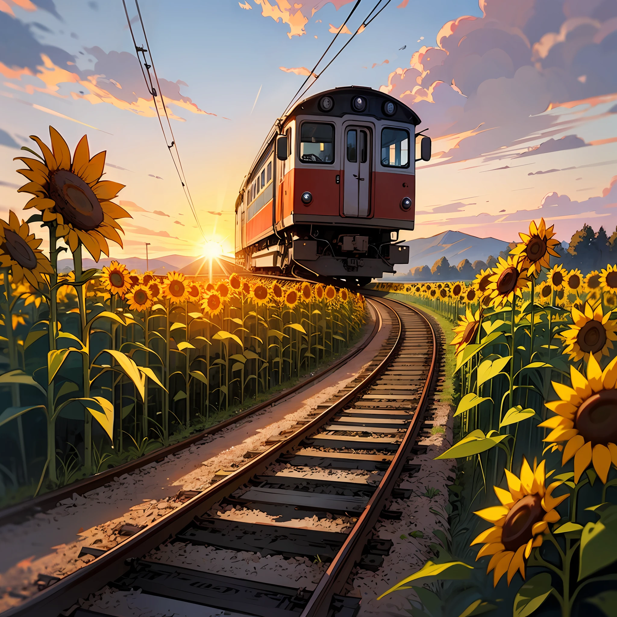 a train track going through a  sunflower field with the sun rising in the background, painted by edward redfieland tim burton --auto