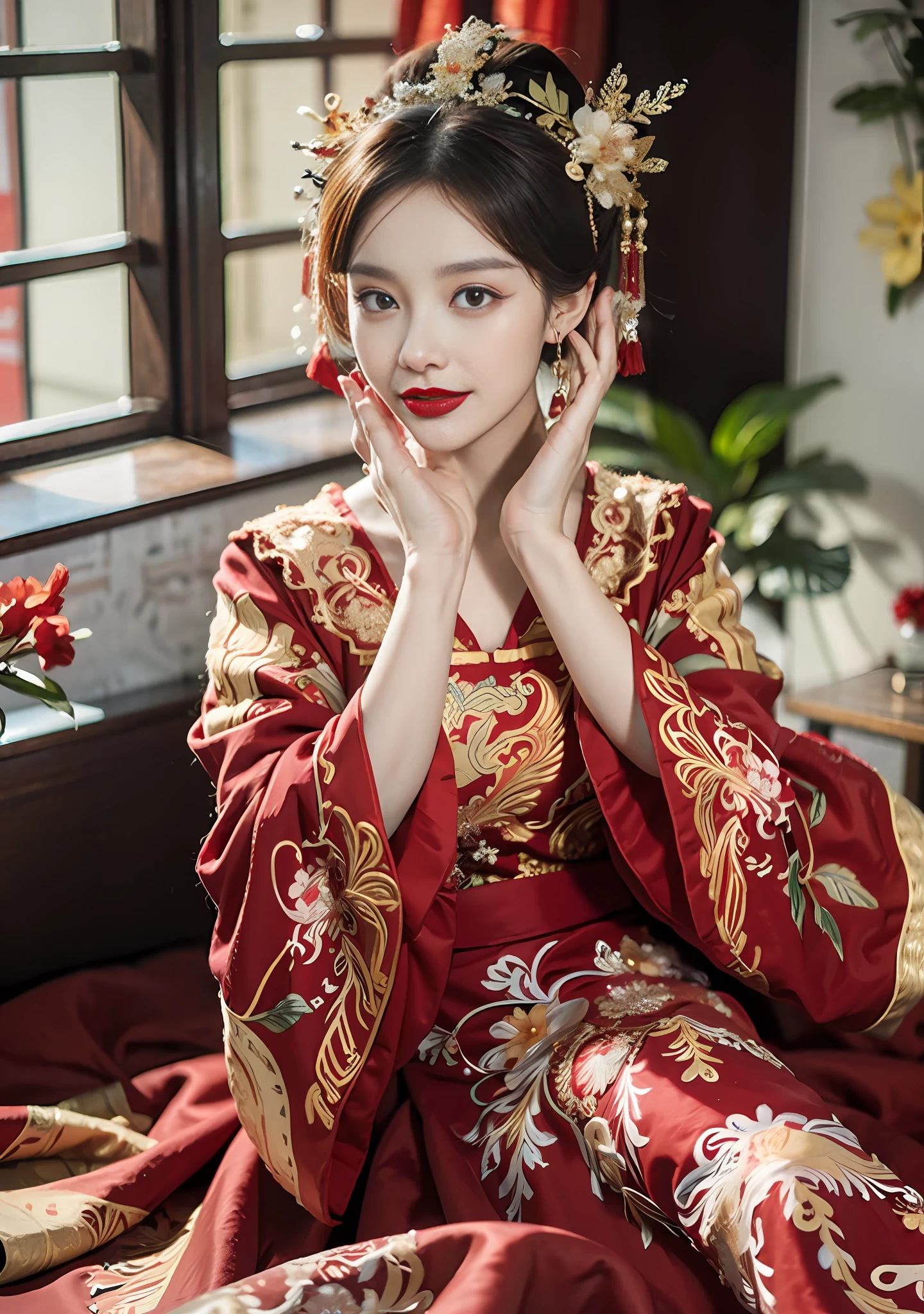 (Ultra-realistic 8k CG: 1.2), perfect artwork, delicate patterns, intricate details, (unparalleled masterpiece, best quality: 1.2), (extremely complex: 1.2), a woman in a red and gold dress, phoenix crown, hair stick, (sitting on a red bed), makeup, blush, shyness, black_hair, looking down, cosmetics, (forehead point), (2 red candles), Chinese_clothes, curtains, earrings, hair_ornament,hanfu, interior, jewelry, red nails, long_sleeves, red dress, red lips, tassels, (red quilt), (red palace: 1.2), (ancient Chinese architecture), (red: 1.8), night