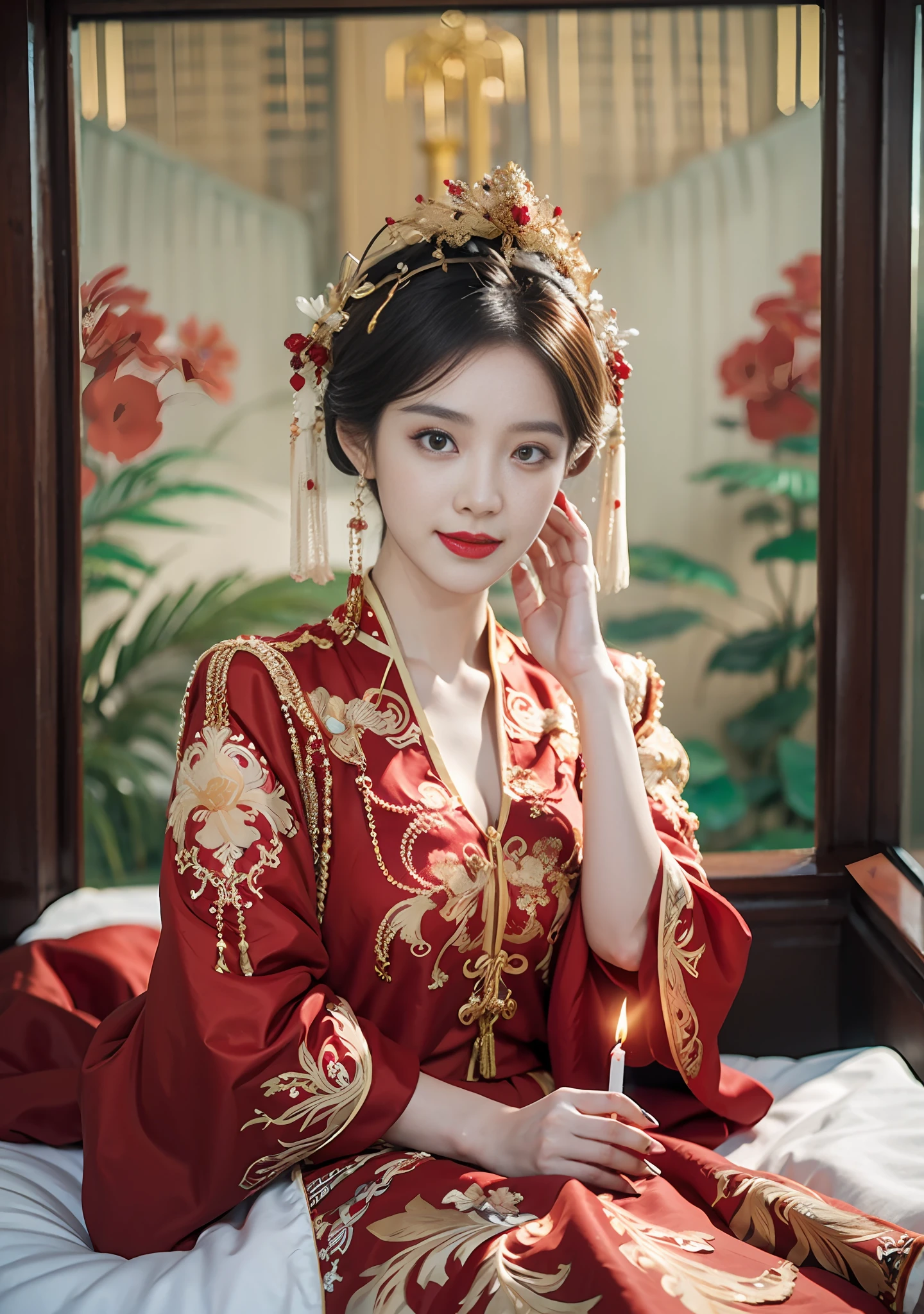 (Ultra-realistic 8k CG: 1.2), perfect artwork, delicate patterns, intricate details, (unparalleled masterpiece, best quality: 1.2), (extremely complex: 1.2), a woman in a red and gold dress, phoenix crown, hair stick, (sitting on a red bed), makeup, blush, shyness, black_hair, looking down, cosmetics, (forehead point), (2 red candles), Chinese_clothes, curtains, earrings, hair_ornament,hanfu, interior, jewelry, red nails, long_sleeves, red dress, red lips, tassels, (red quilt), (red palace: 1.2), (ancient Chinese architecture), (red: 1.8), night