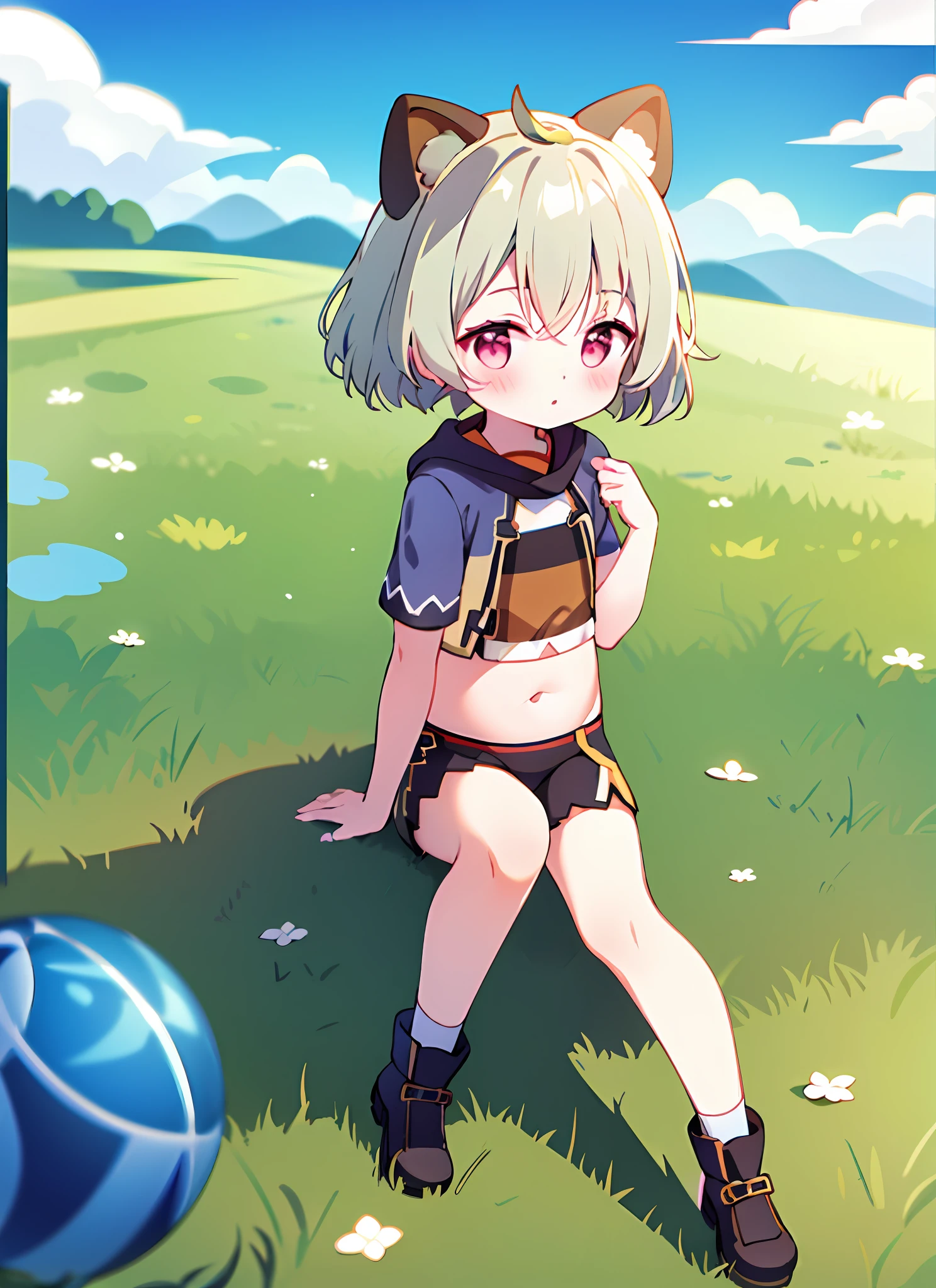 full body, blush, outdoor, daytime, simple background, blue sky, rippled hair, sky, looking at the audience, sitting on the grass, li, very cute expression, small short legs, crop top with open belly,