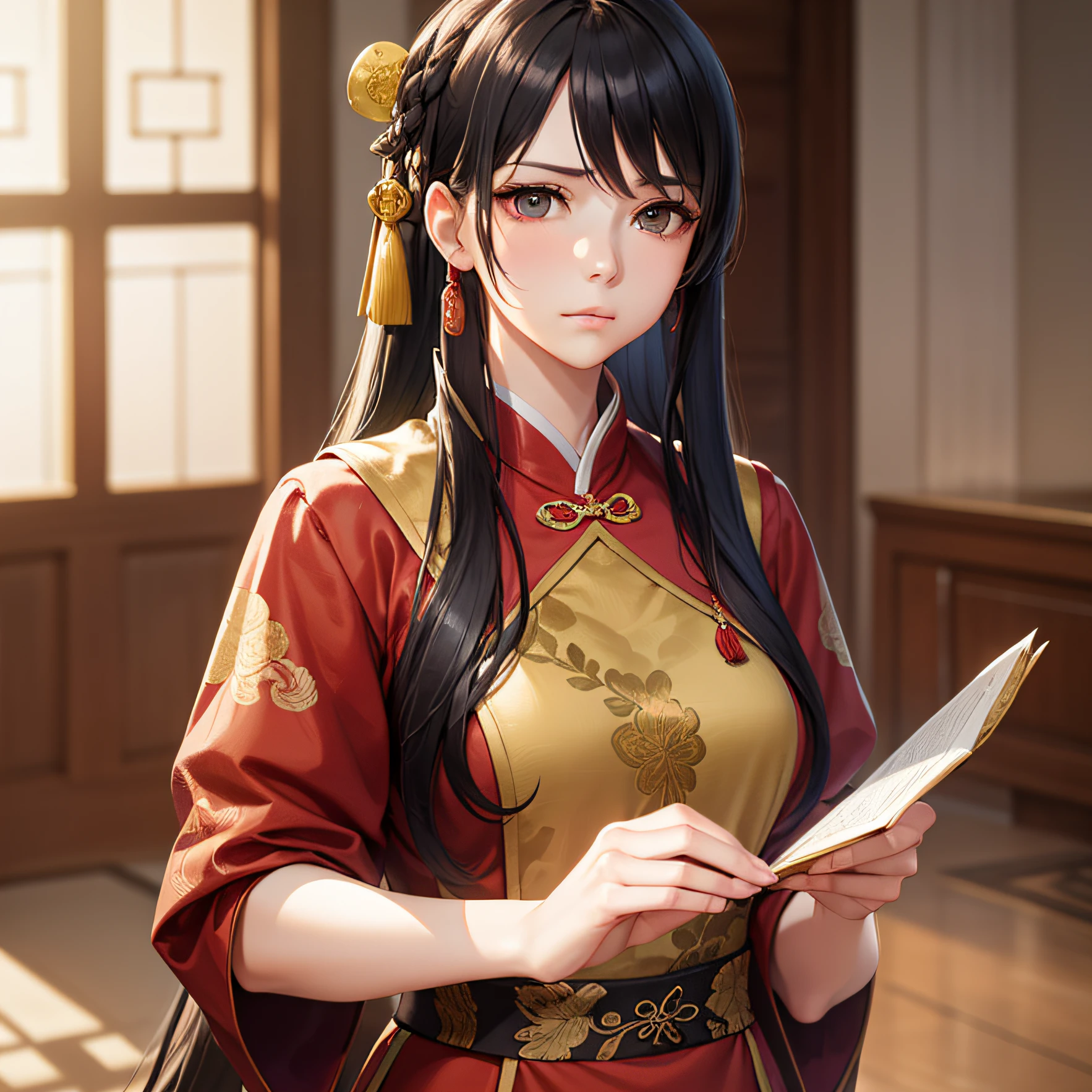 A tall beautiful girl with long black hair and wearing red clothes stood in the magnificent Jiang Family Ancestral Hall, sunlight pouring in through the window, illuminating the girl's face. Holding the yellow letter in his hand, the gloomy expression on his face revealed disbelief.