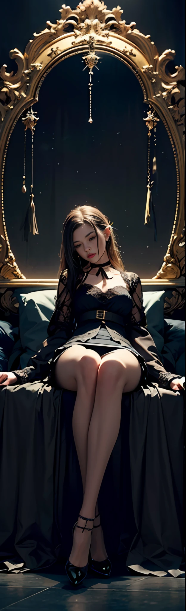 (Fidelity: 1.5), Official Art, Unity 8k Wallpaper, Ultra Detailed, Beautiful, Beautiful, Masterpiece, Best Quality,
darkness, atmosphere, mystery, romanticism, creepy, literature, art, fashion, victorian, decoration, intricate, ironwork, melancholy, lace, contemplation, emotional depth, supernatural,
1 girl, solo, neck, legs, bust composition, fantasy, blues