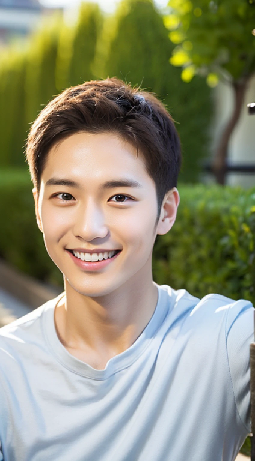 Male about 25 years old, smiling, sharp focus, half body, summer, garden terrace, full body,