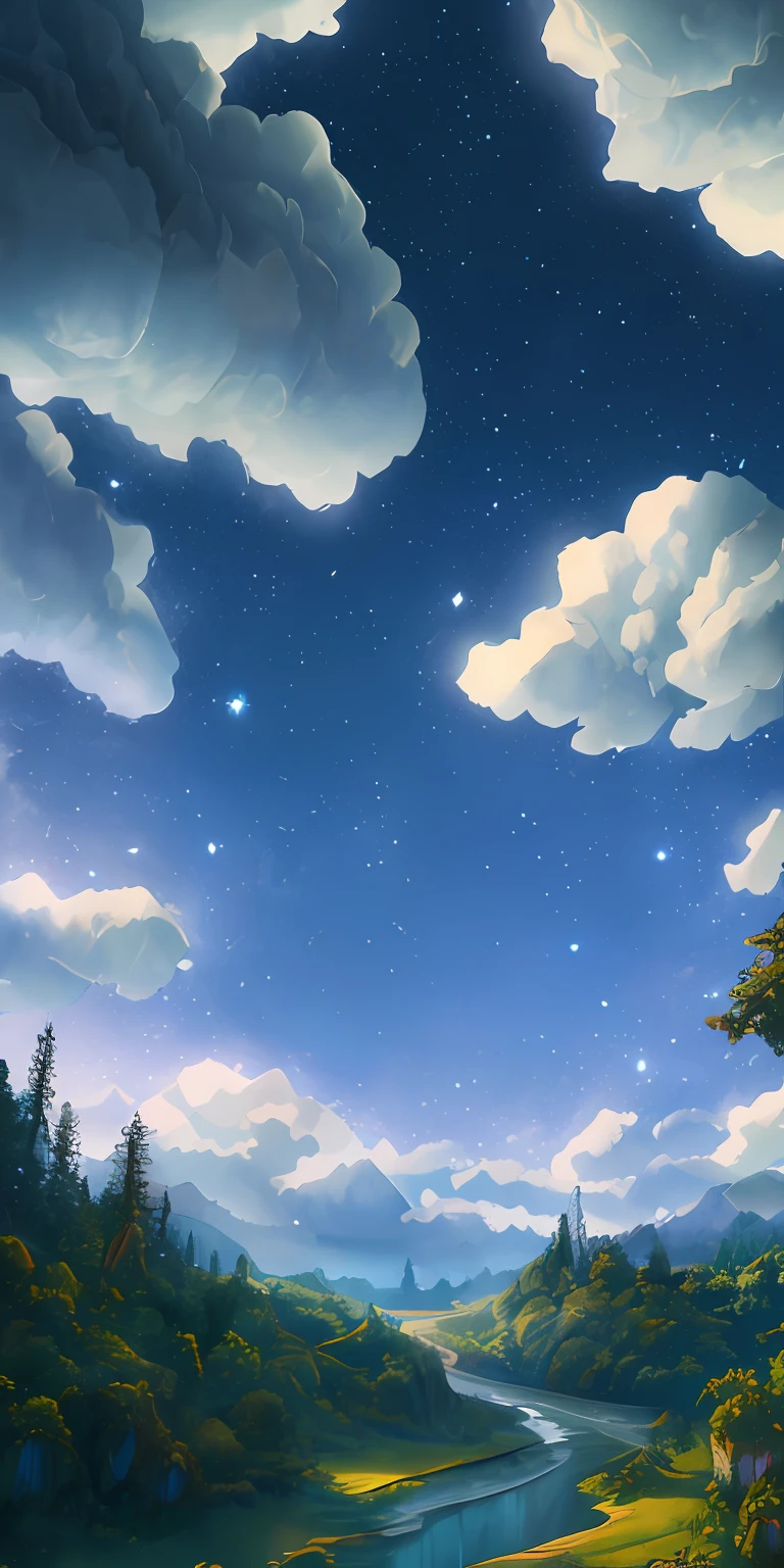 Illustration of a surreal, otherworldly, hyper sky scene including a giant crystal tree full body, highly detailed and magical lighting, intricate forest details, vegetation and surrounding river, solar punk, landscape, giant tree , beautiful green leaves, beautiful lighting and realistic proportions, as if this is a movie background, 8k, highest quality, masterpiece, clouds and stars in the sky.