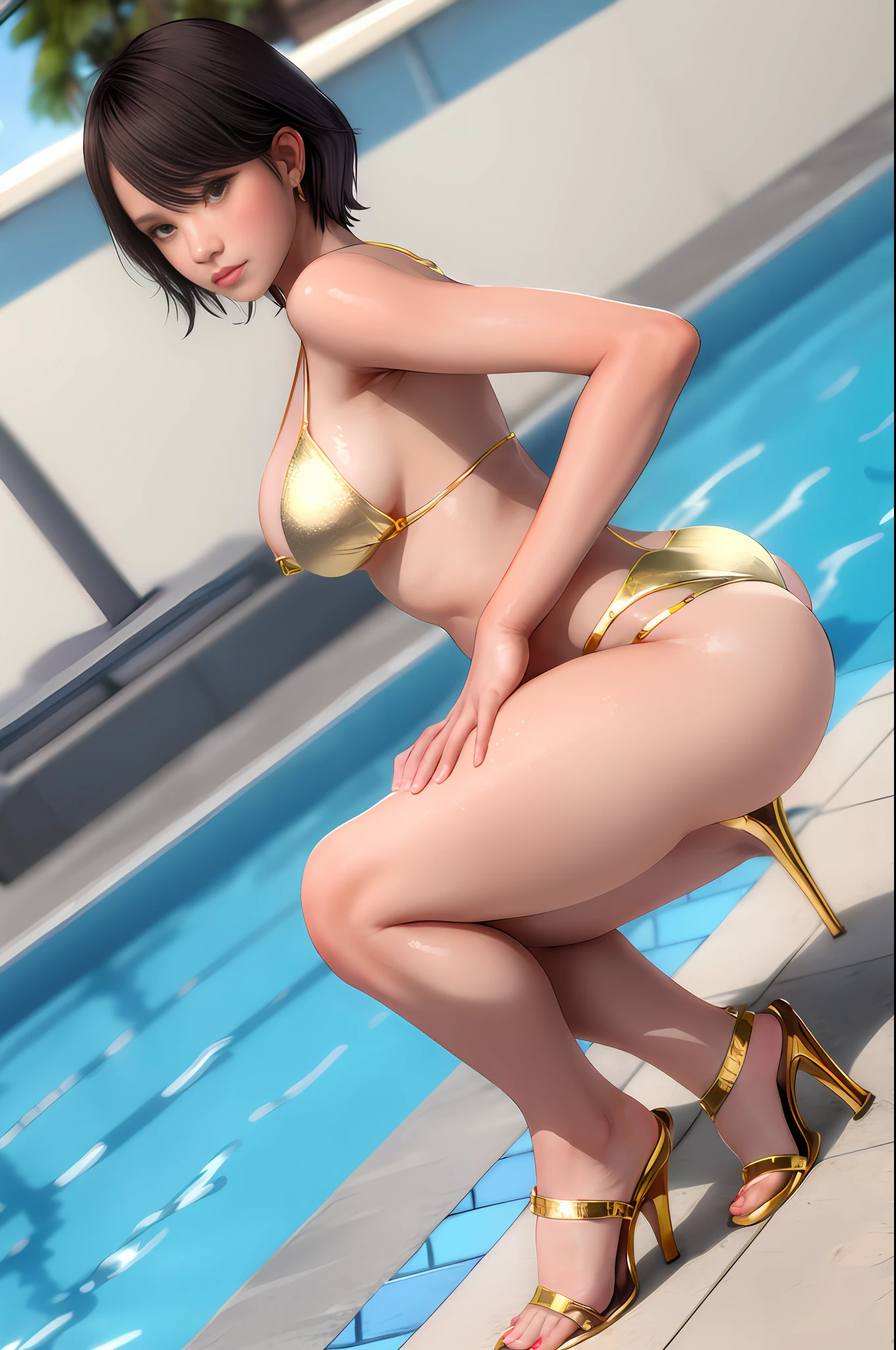Best Quality, Best Quality, 8K Quality, 1 Girl, Full Body, Nagisa, Embarrassing, Blushing, Irritated, Beautiful, Gold Metallic, Micro Bikini, Hard Nipples, Crotch Penetration, Gold Metallic Pin Heels, Squatting on the Ground, Crotch Wide Open from Side to Side, Arms Behind Head, Show Off Armpits, Staring at Viewer, Facing the Viewer, Showing Off Your Crotch to Viewer, (( Frontal shot)), poolside, professional lighting, professional photography