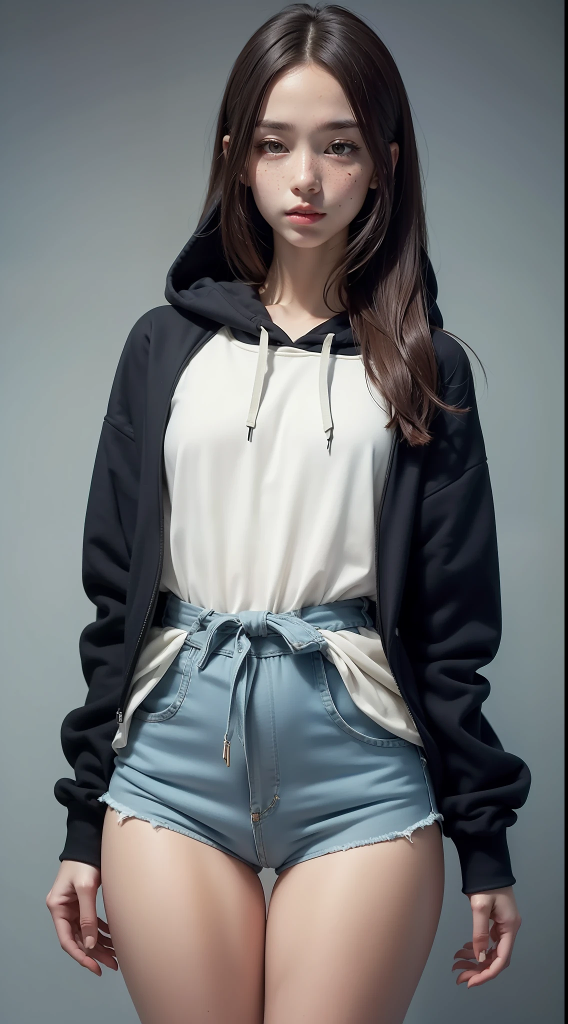 raw photo, intricate details, textured skins, dynamic pose, 1girl, solo, pale skin, long straight hair, bright blue yes, freckles, oversized hoody, small waist, (wide thigh gap:1.2), best quality, 16k, masterpiece