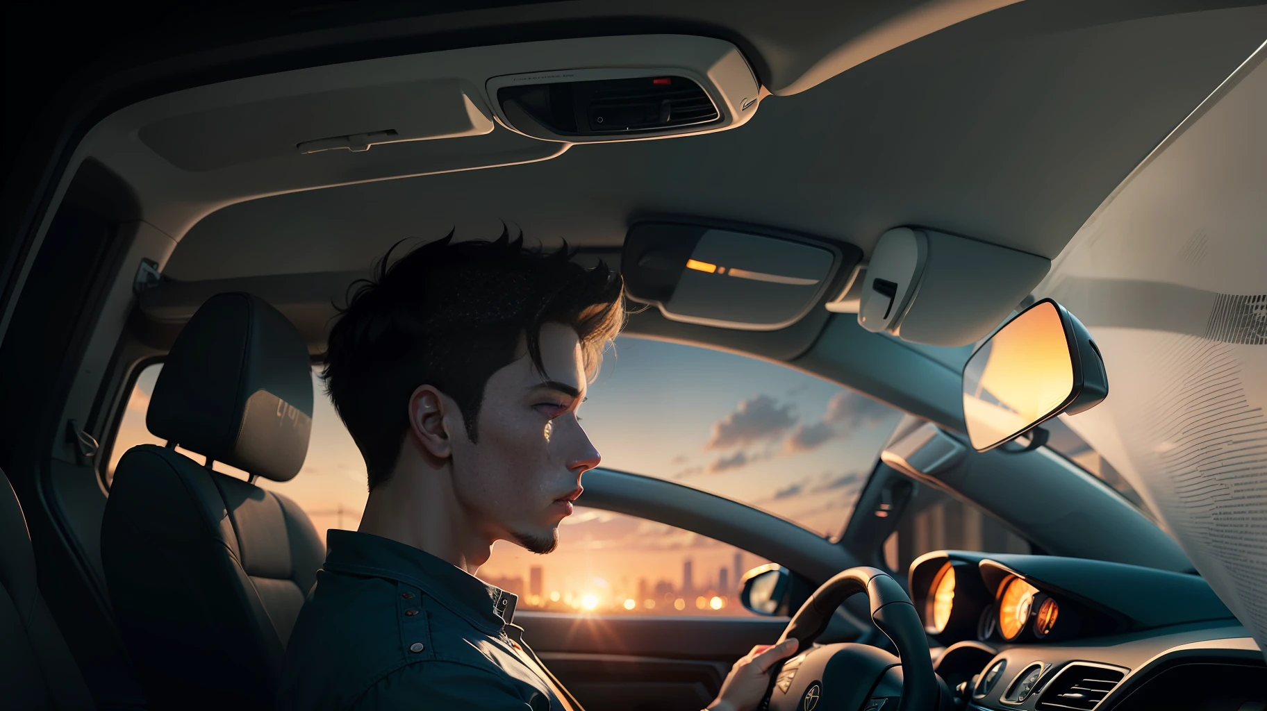 A young man is driving, the morning news is playing on the radio in the car, there are rumors and public anxiety, and the light inside the car is dim.