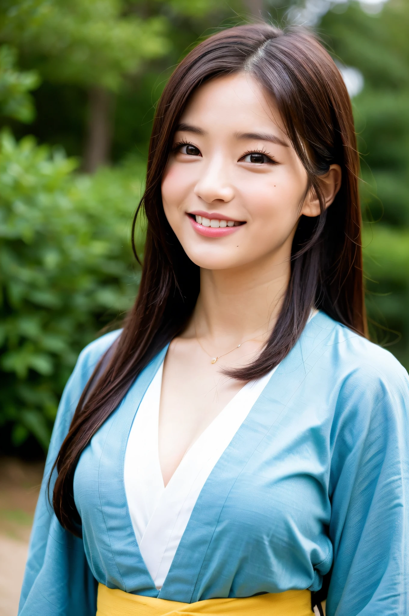 ((Best Quality, 8K, Masterpiece: 1.3)), Sharp Focus: 1.2, (Super Beautiful Face: 1.0), (Slender Abs Beauty: 1.0), (Shiny Skin: 1.0), Realistic Photography, Black Hair, Realistic Pupils, Video Lighting, High Definition Eyes and Face, Video Lighting, (Cowboy Shot: 1.3), (Kimono, Hakama, Obi: 1.4), (Korean Cute Actress), Traditional Kimono, Happiness, In Nature, Look at the audience, from the front, big