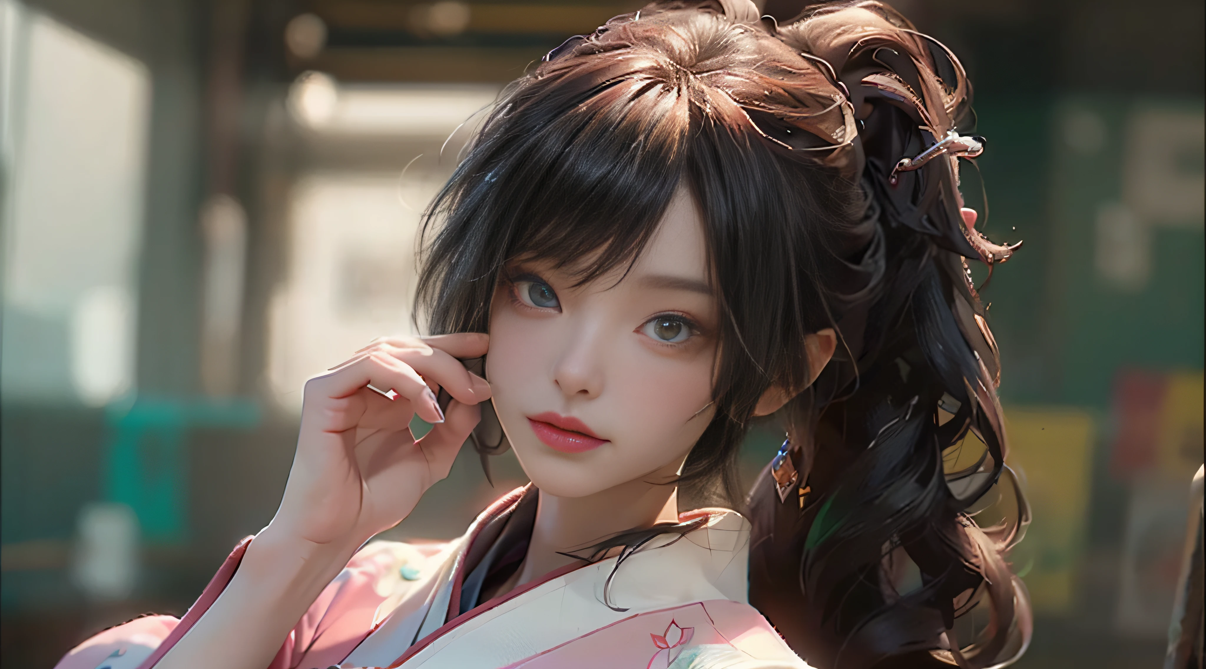 ((Best Quality)), ((Masterpiece)), (Detail: 1.4), 3D, Beautiful Cyberpunk Female Image, HDR (High Dynamic Range), Ray Tracing, NVIDIA RTX, Super Resolution, Unreal 5, Subsurface Scattering, PBR Texture, Post-Processing, Anisotropic Filtering, Depth of Field, Maximum Sharpness and Sharpness, Multi-layer Texture, Albedo and Highlight Mapping, Surface Coloring, Mitsu-Accurate Simulation of Material Interactions, Perfect Proportions, Octane Rendering, Two-color Light, Large Aperture, Low ISO, white balance, regular three-point, 8K RAW, beautiful bright pupils, flowing robe, fine pupils, delicate face and eyes, long eyelashes, blush, fluffy hair, pink lips, pure, cute
