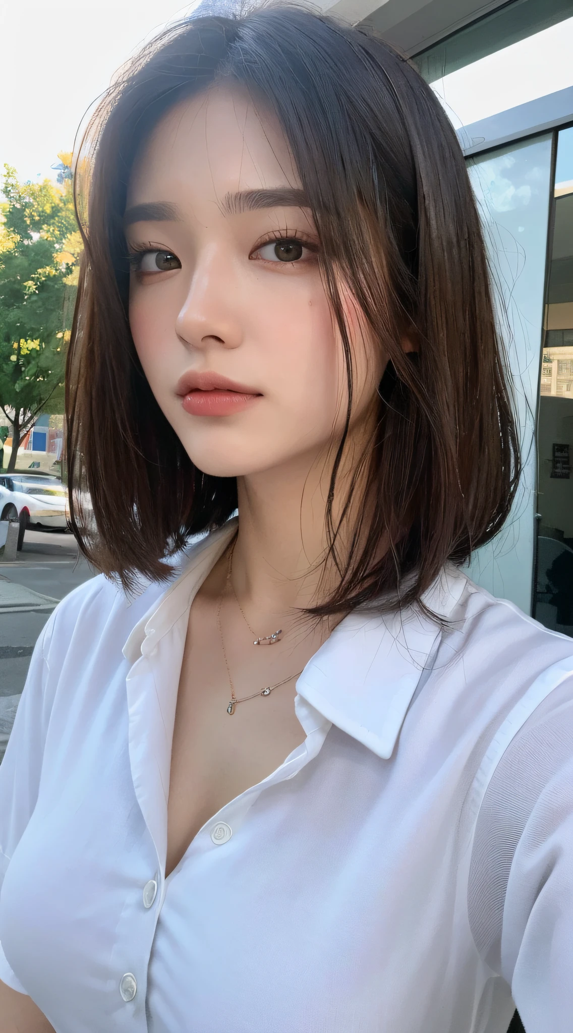 ((Best Quality, 8K, Masterpiece: 1.3)), Sharp: 1.2, Perfect Body Beauty: 1.4, Slim Abs: 1.2, ((Layered Hairstyle, Big Breasts: 1.2)), (Wet White Button Long Shirt: 1.1), (Rain, Street: 1.2), Wet: 1.5, Highly detailed face and skin texture, detailed eyes, double eyelids, side face looking at the camera
